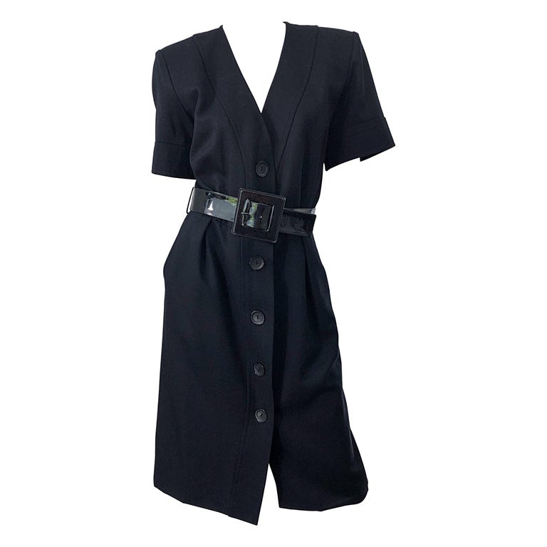 1980s Yves Saint Laurent Black Short Sleeve Large Size Belted Vintage 80s  Dress For Sale at 1stDibs