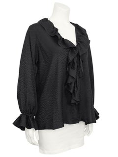 Blusa con volantes en jacquard de seda negra Yves Saint Laurent/YSL, años 80