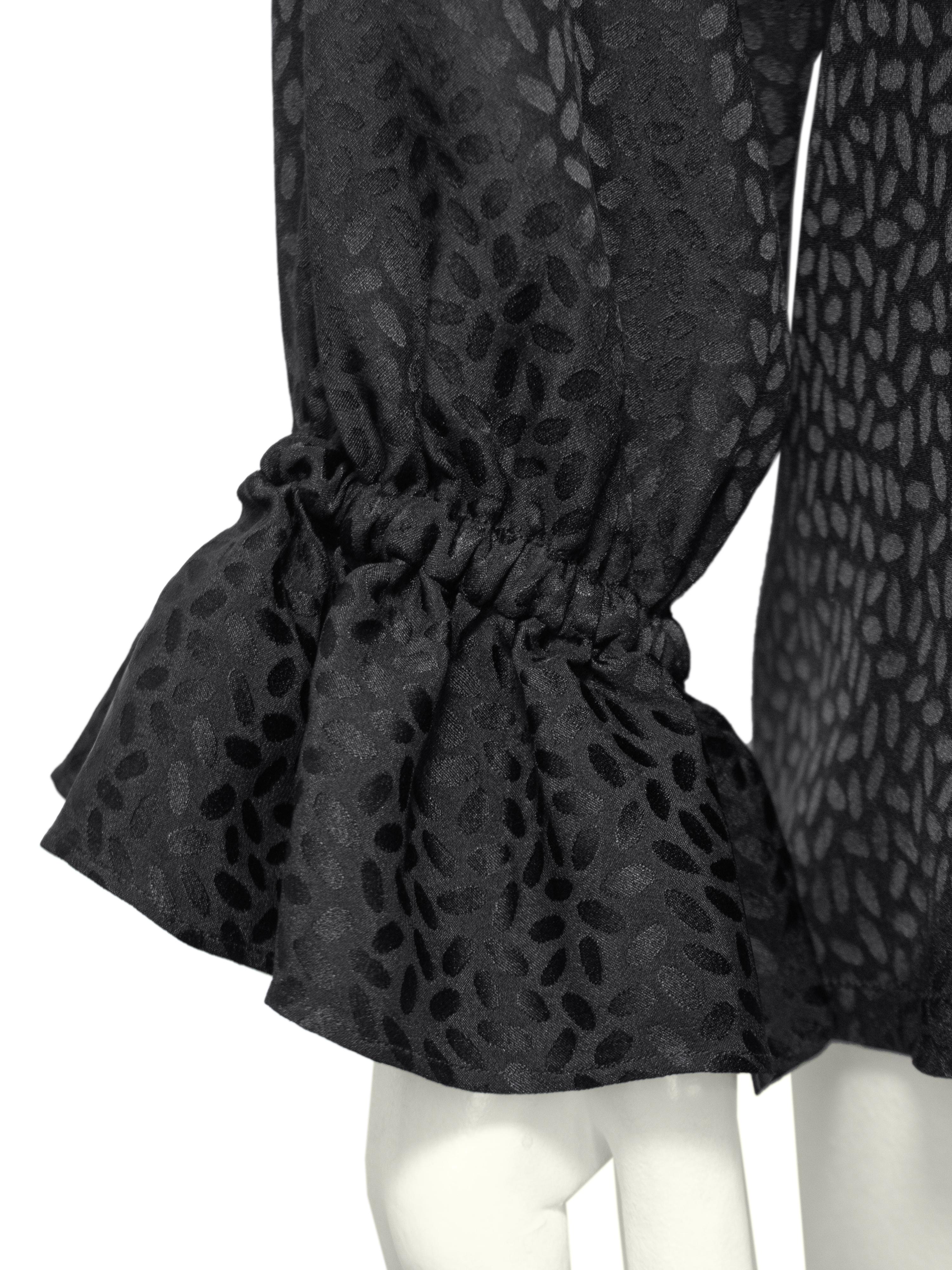 1980s Yves Saint Laurent/YSL Black Silk Jacquard Ruffle Blouse For Sale 1