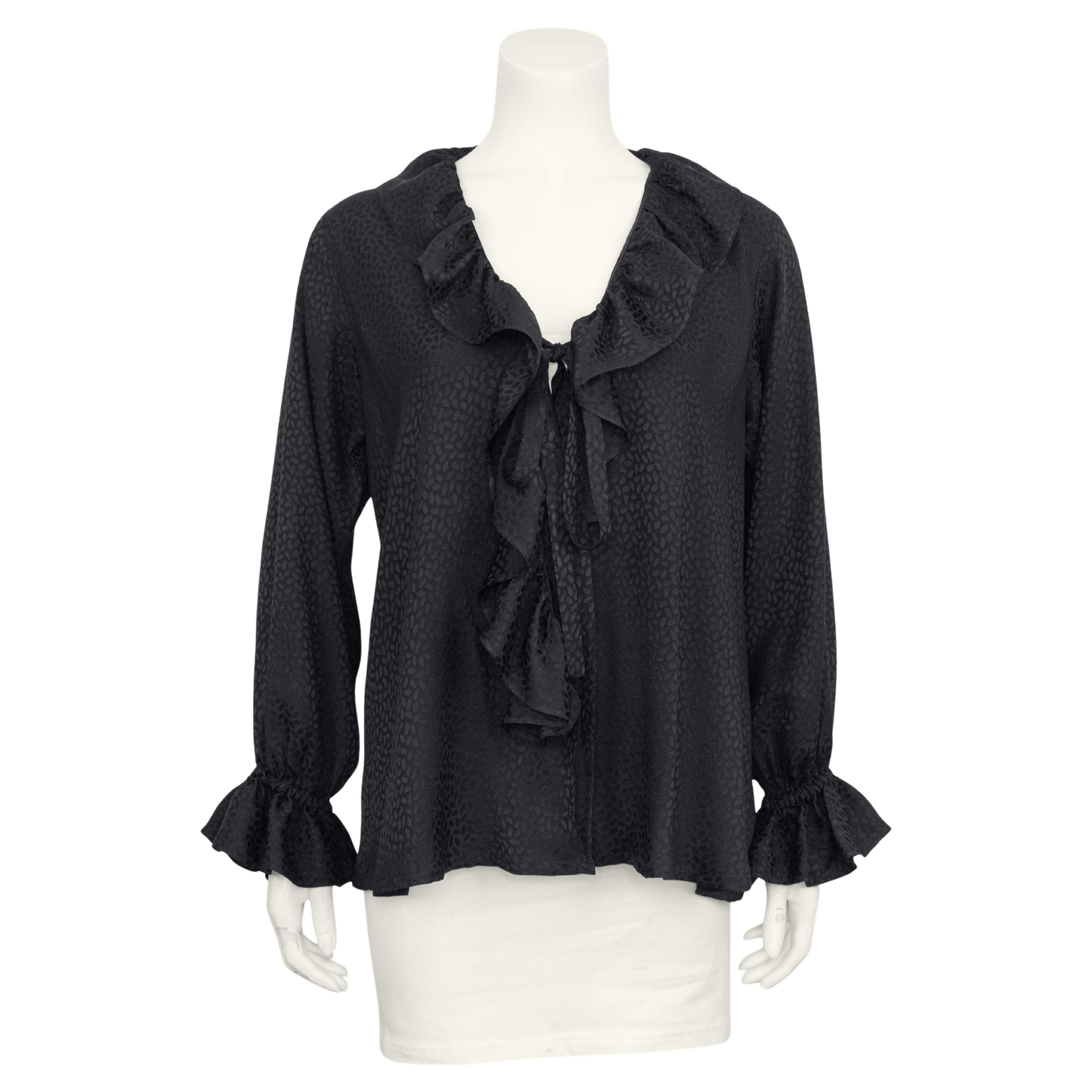 1980s Yves Saint Laurent/YSL Black Silk Jacquard Ruffle Blouse For Sale