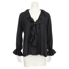 Vintage 1980s Yves Saint Laurent/YSL Black Silk Jacquard Ruffle Blouse