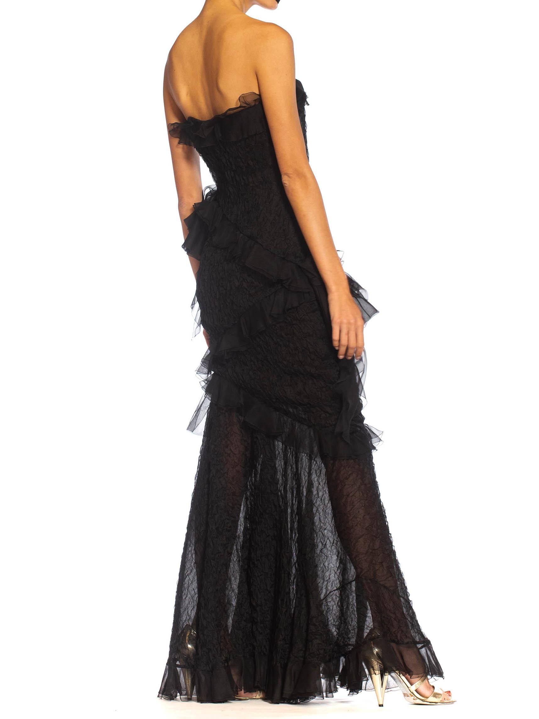 1980S YVES SAINT LAURENT Black Silk Textured Organza Strapless Gown With Chiffo In Excellent Condition For Sale In New York, NY