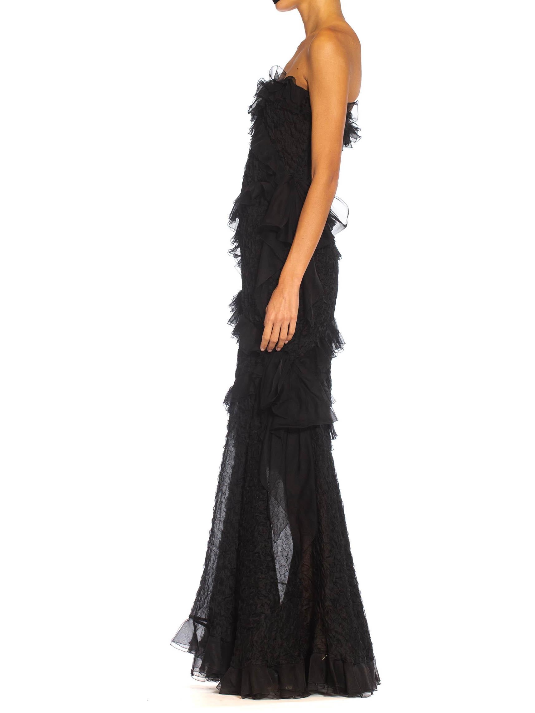 1980S YVES SAINT LAURENT Black Silk Textured Organza Strapless Gown With Chiffo For Sale 1