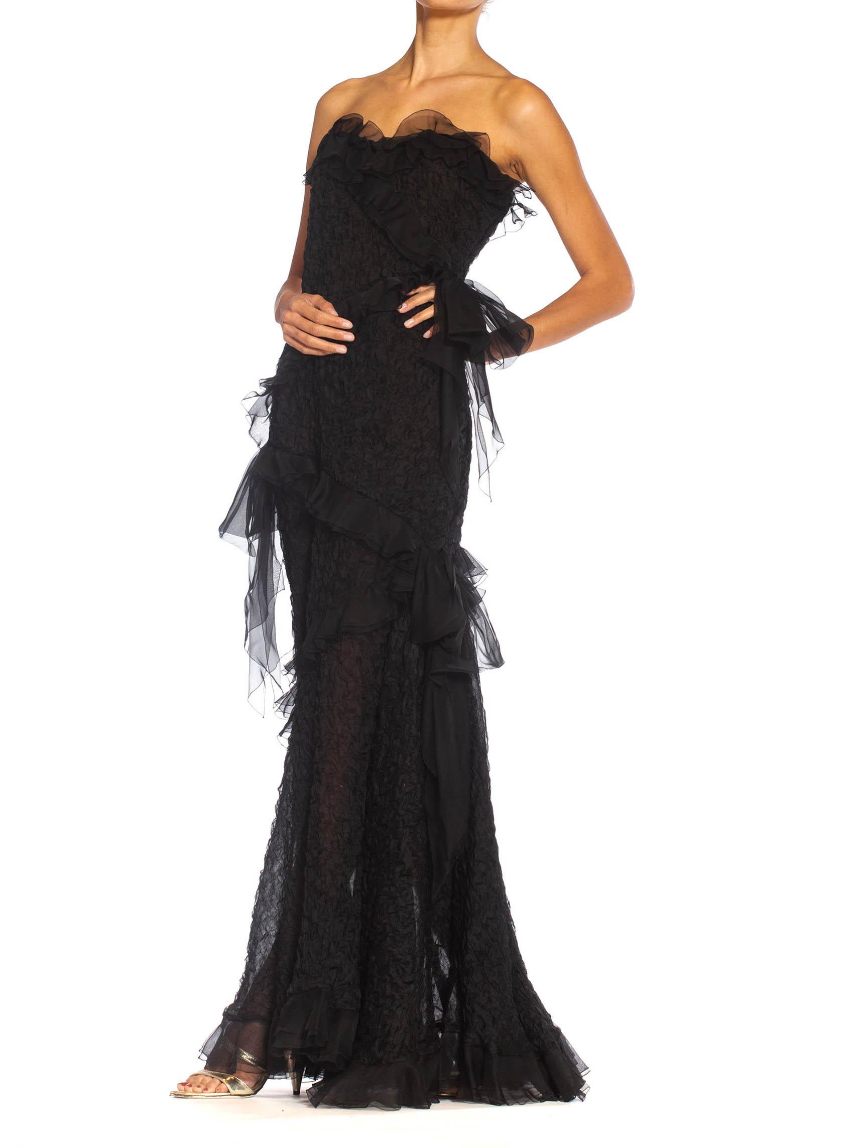 1980S YVES SAINT LAURENT Black Silk Textured Organza Strapless Gown With Chiffo For Sale 2