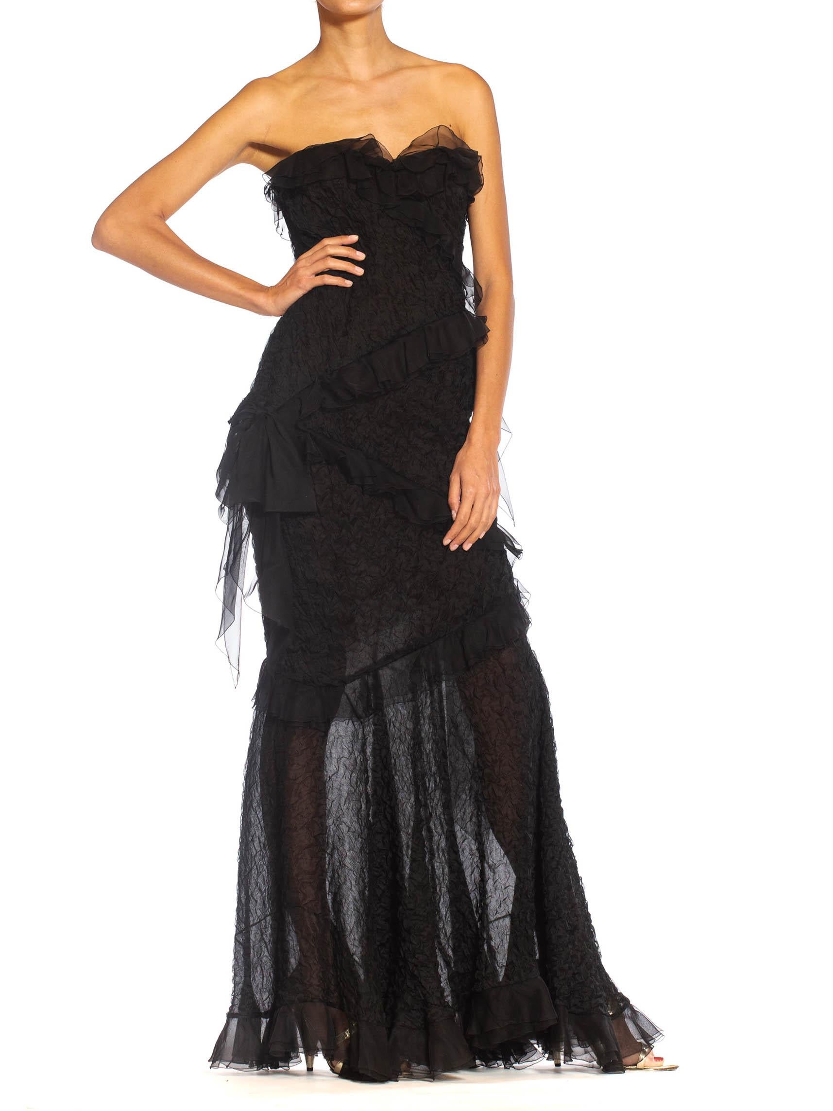 1980S YVES SAINT LAURENT Black Silk Textured Organza Strapless Gown With Chiffo For Sale 4