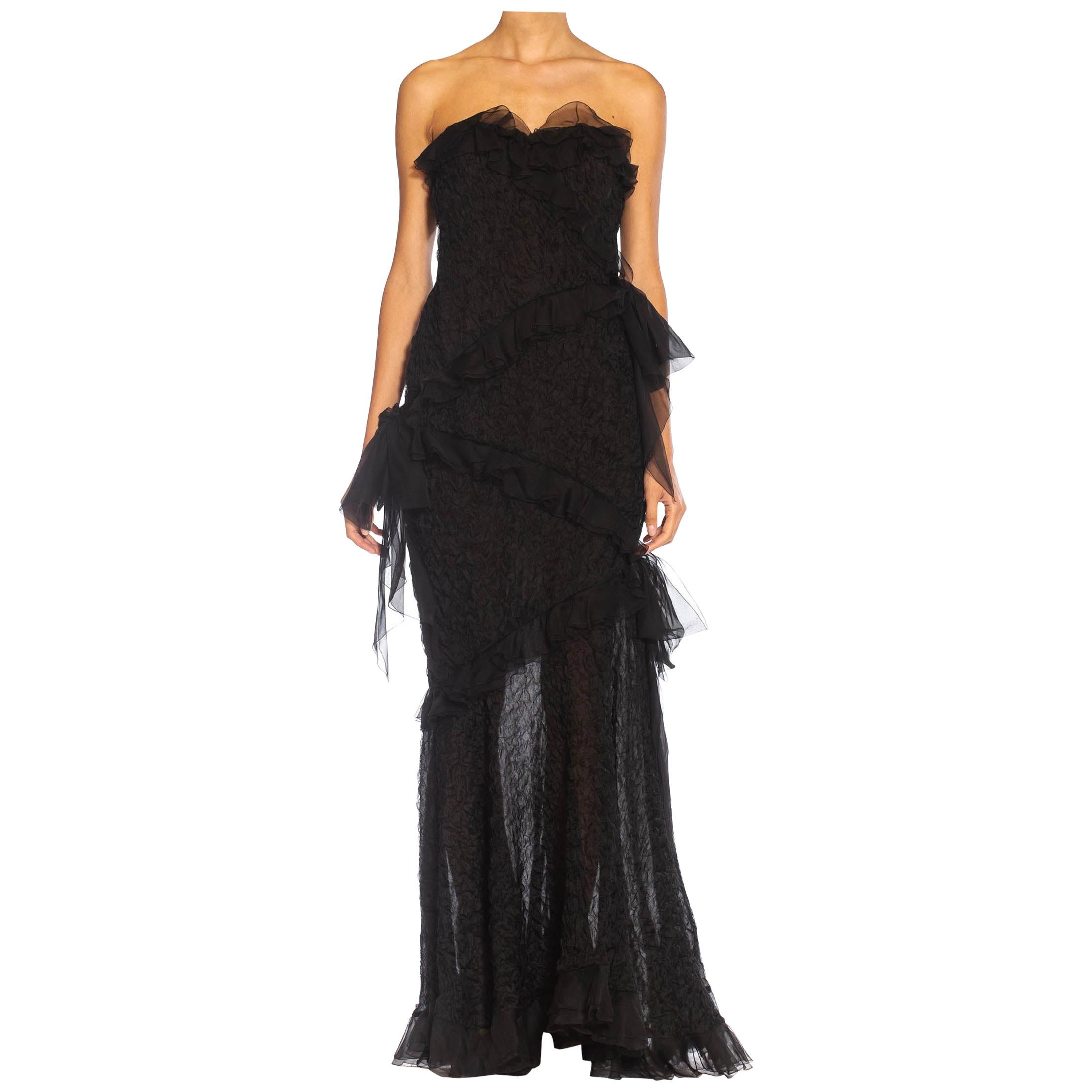 1980S YVES SAINT LAURENT Black Silk Textured Organza Strapless Gown With Chiffo For Sale