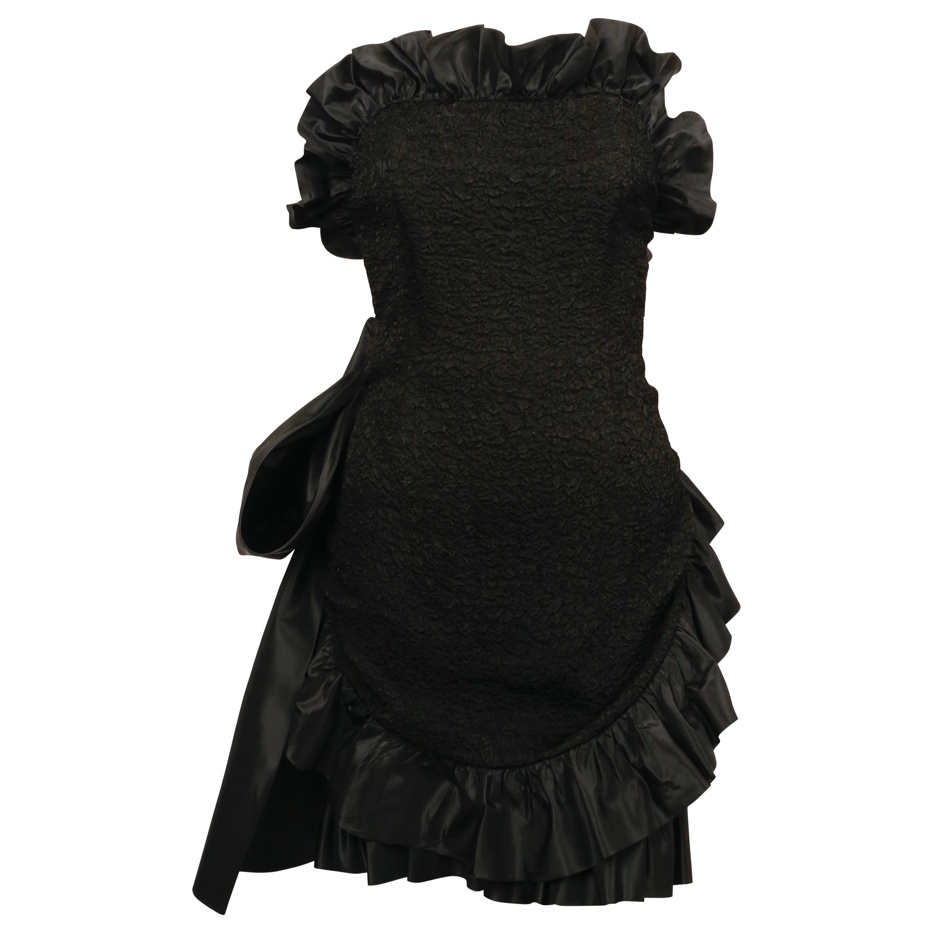 1980's YVES SAINT LAURENT black strapless dress with ruffles and bow For Sale