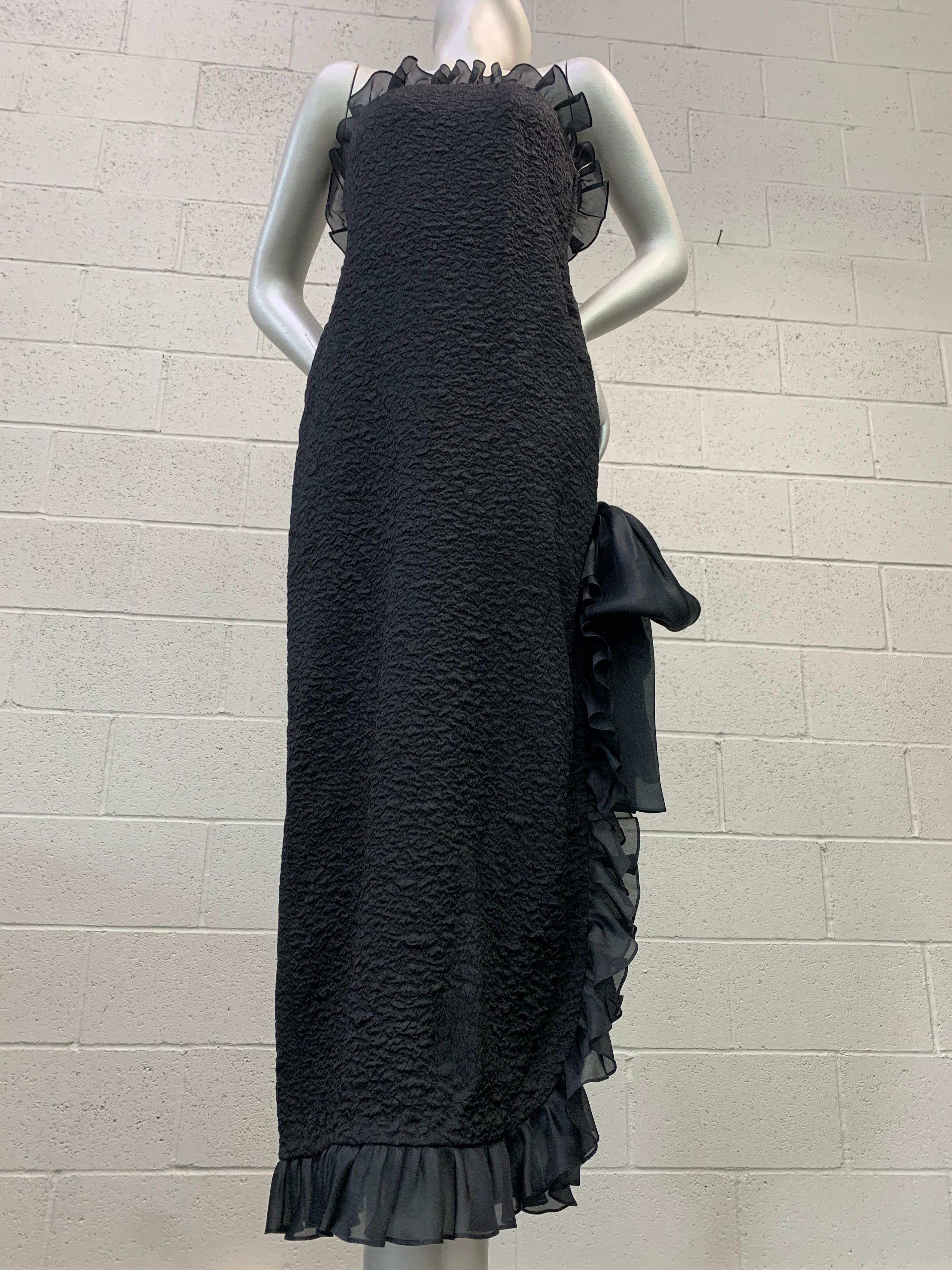 1980s Yves Saint Laurent Black Textured Crepe Gown w/ Organza Ruffle & Side Slit In Excellent Condition In Gresham, OR
