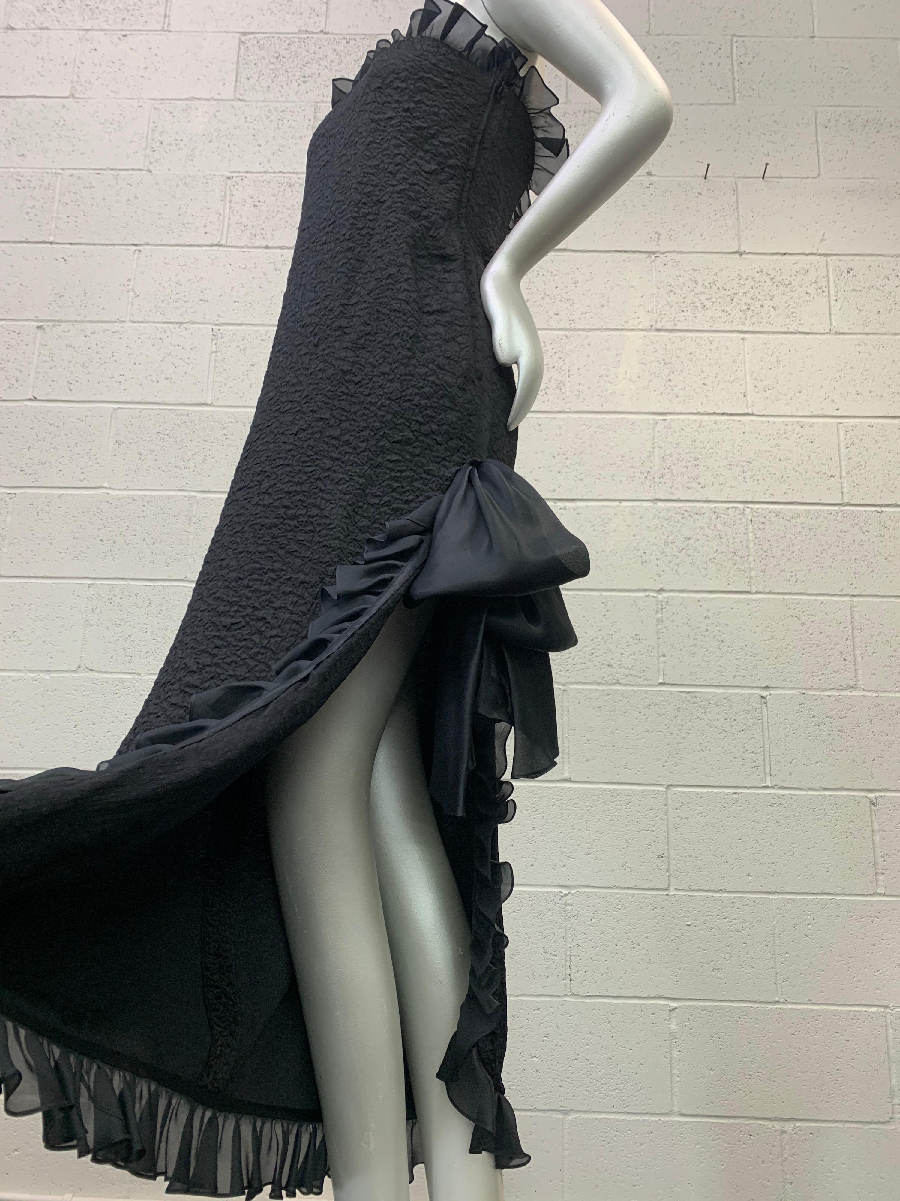 Women's 1980s Yves Saint Laurent Black Textured Crepe Gown w/ Organza Ruffle & Side Slit