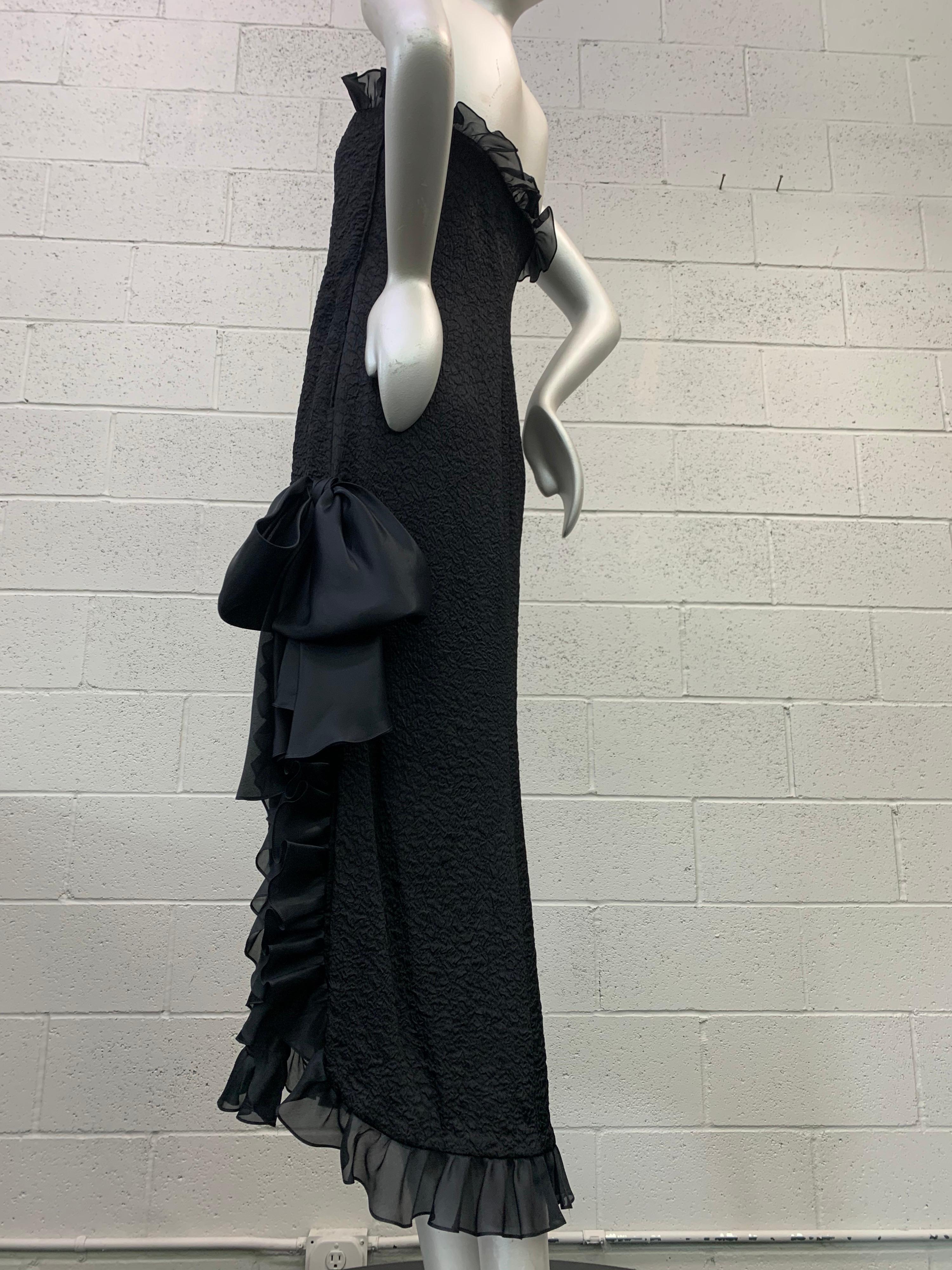 1980s Yves Saint Laurent Black Textured Crepe Gown w/ Organza Ruffle & Side Slit 2