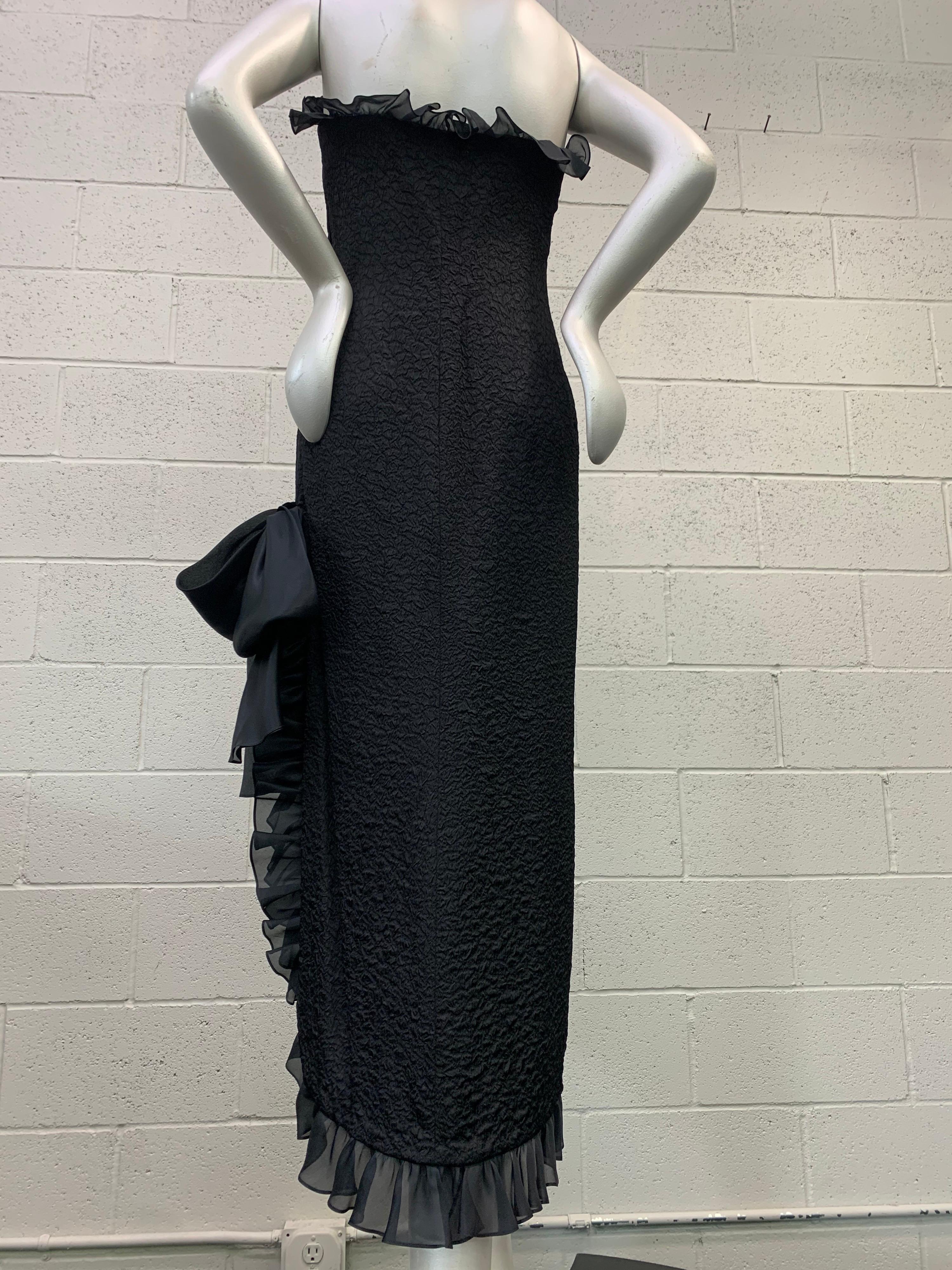 1980s Yves Saint Laurent Black Textured Crepe Gown w/ Organza Ruffle & Side Slit 3