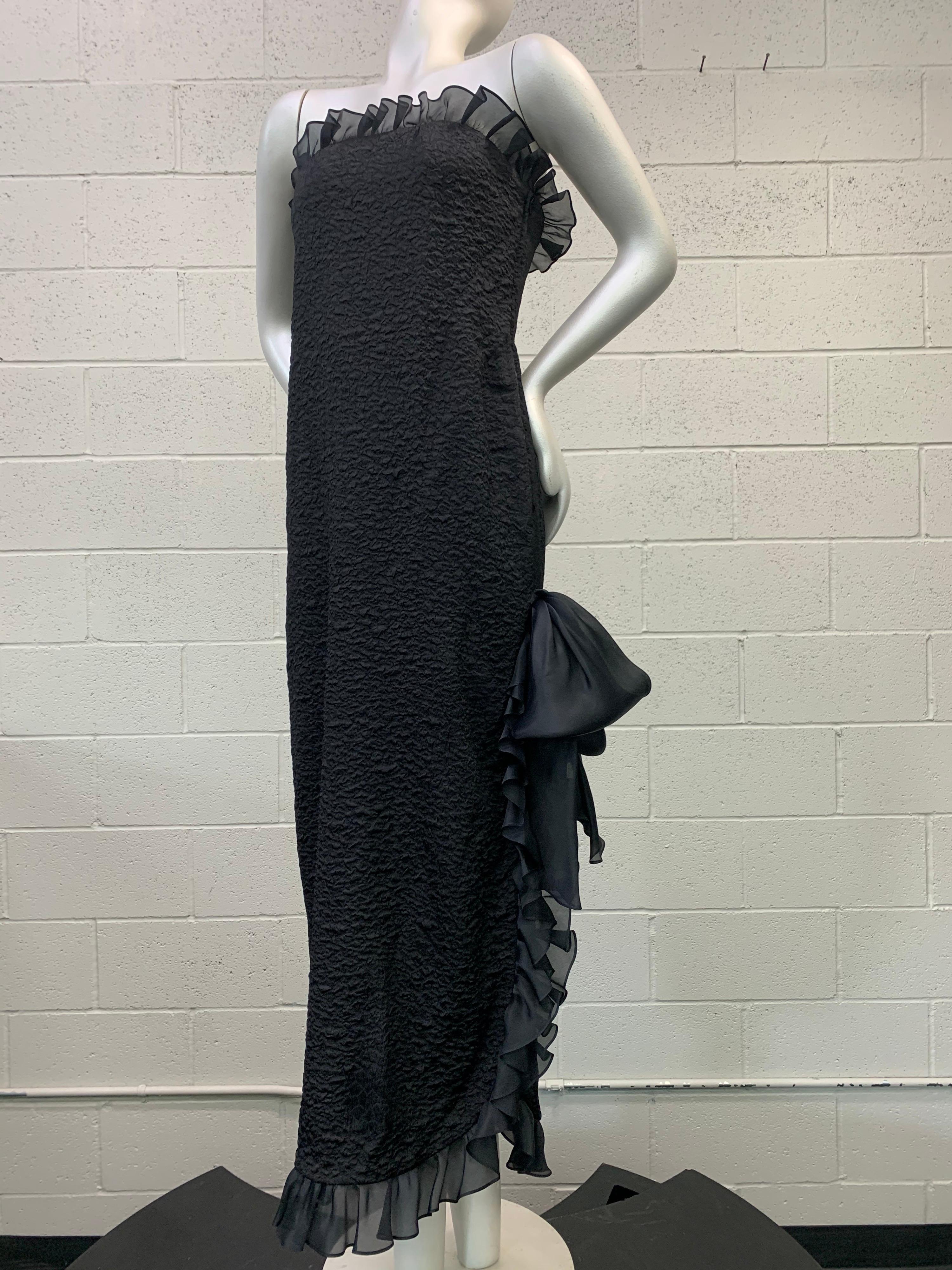 1980s Yves Saint Laurent Black Textured Crepe Gown w/ Organza Ruffle & Side Slit 5