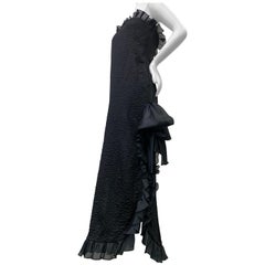 1980s Yves Saint Laurent Black Textured Crepe Gown w/ Organza Ruffle & Side Slit