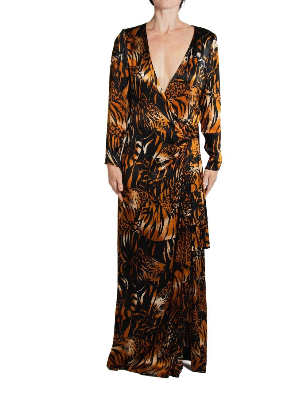 1980S Yves Saint Laurent Black Tiger Print Silk Satin Gown With Sleeves In Excellent Condition For Sale In New York, NY