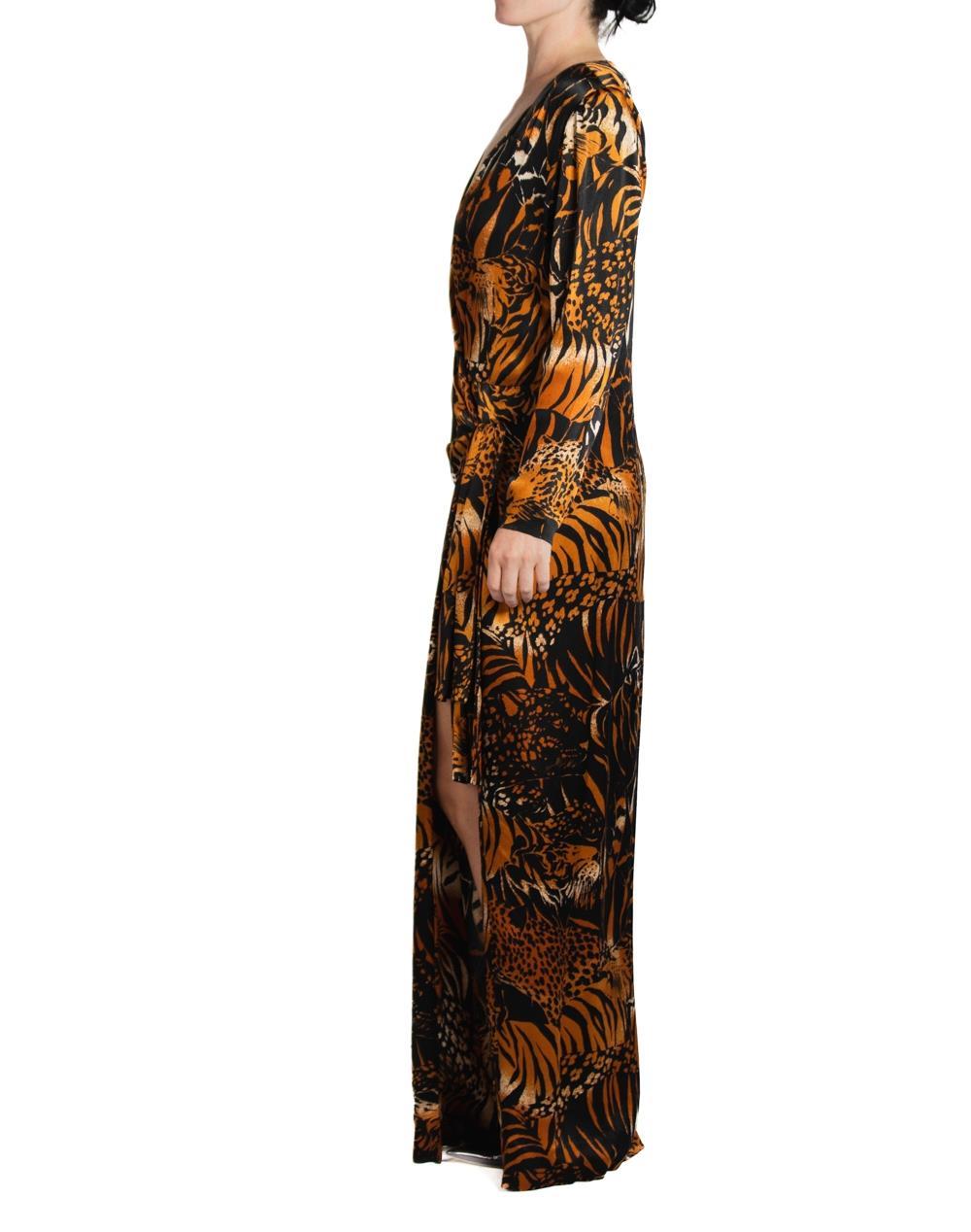 Women's 1980S Yves Saint Laurent Black Tiger Print Silk Satin Gown With Sleeves For Sale