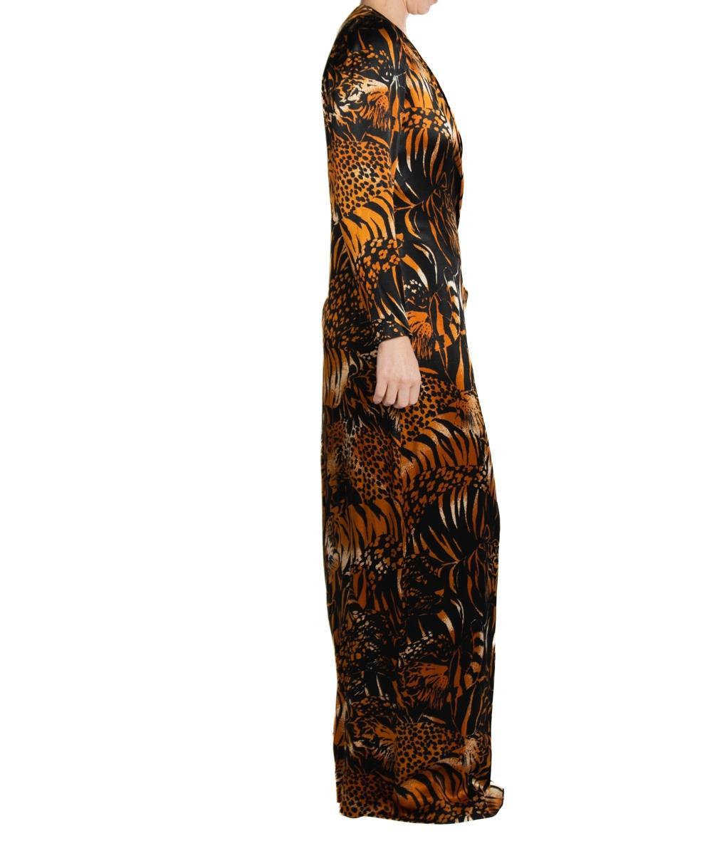 1980S Yves Saint Laurent Black Tiger Print Silk Satin Gown With Sleeves For Sale 1