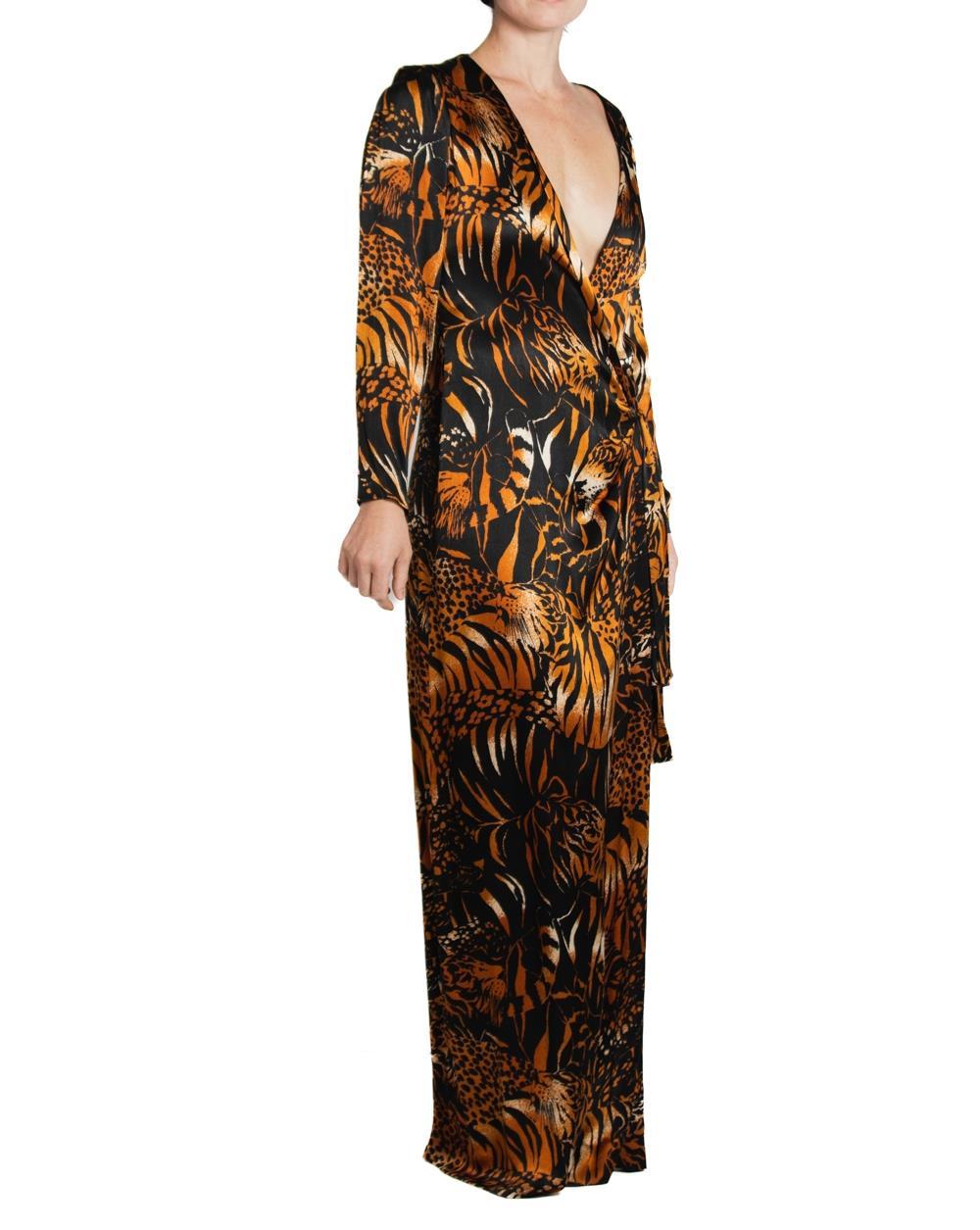 1980S Yves Saint Laurent Black Tiger Print Silk Satin Gown With Sleeves For Sale 2
