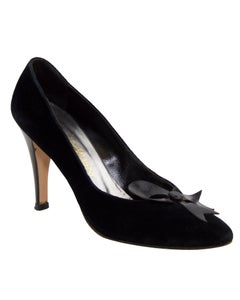 1980s Yves Saint Laurent Black Velvet Pumps with Leather Bow