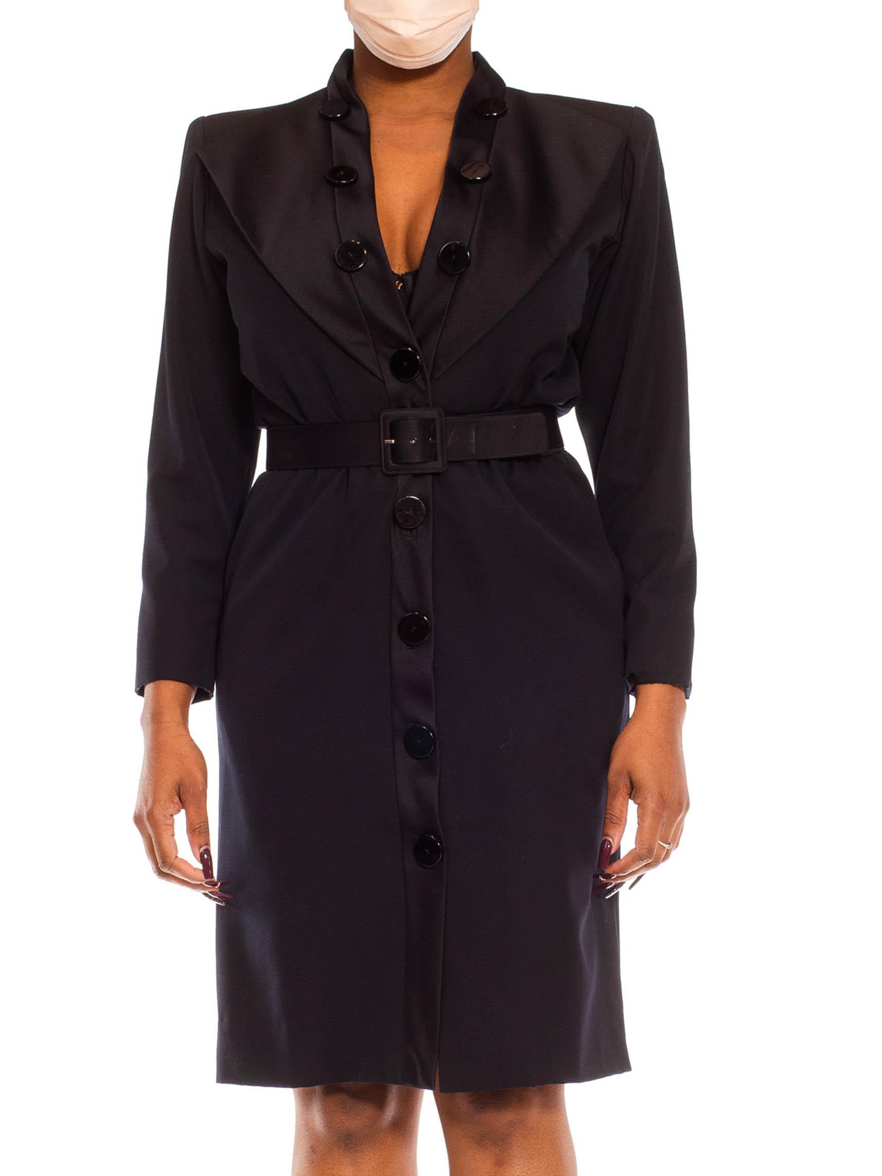 Women's 1980S Yves Saint Laurent Black Wool Belted Shirt Dress With Satin Tuxedo Style  For Sale