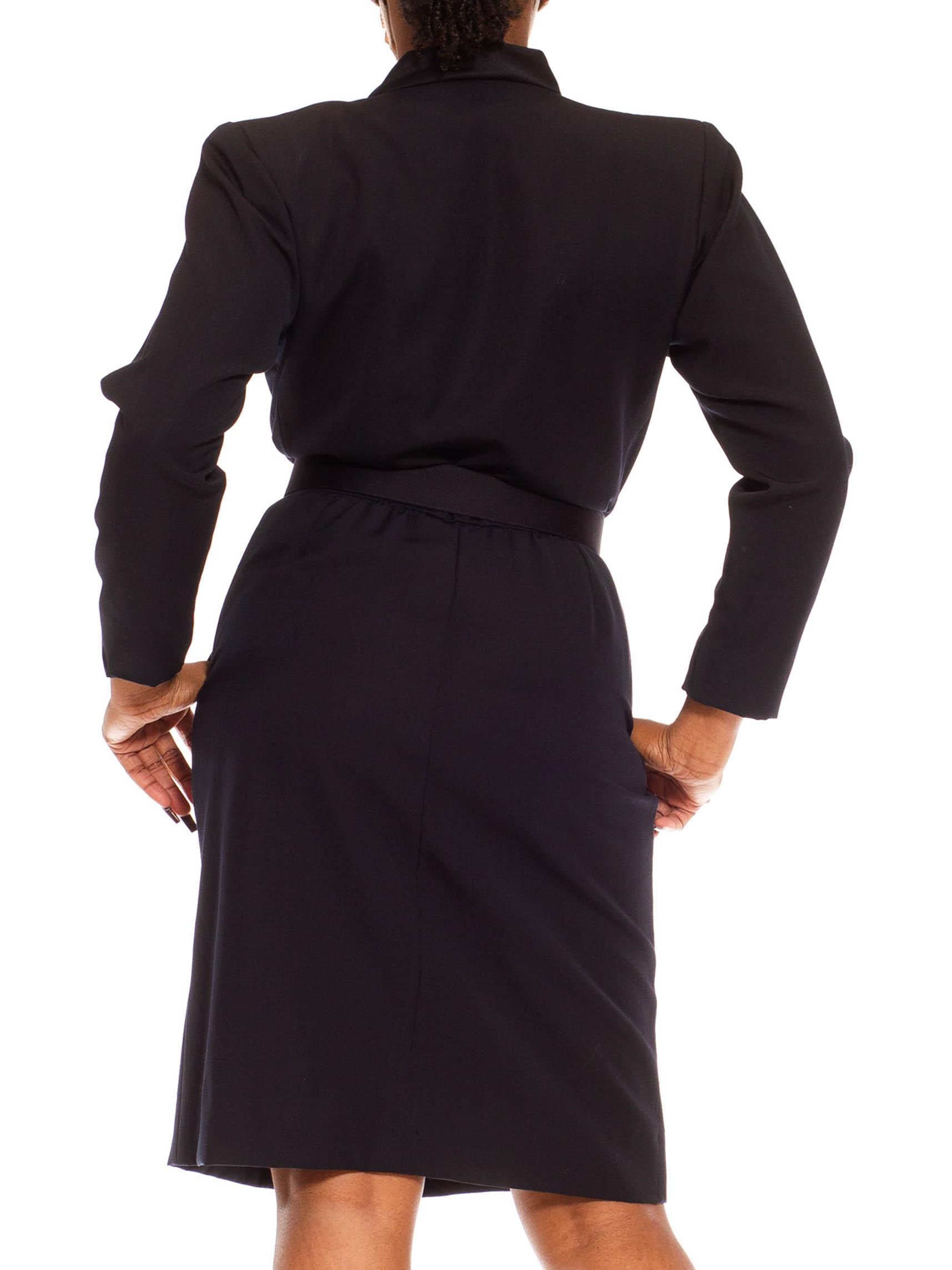 1980S Yves Saint Laurent Black Wool Belted Shirt Dress With Satin Tuxedo Style  For Sale 2