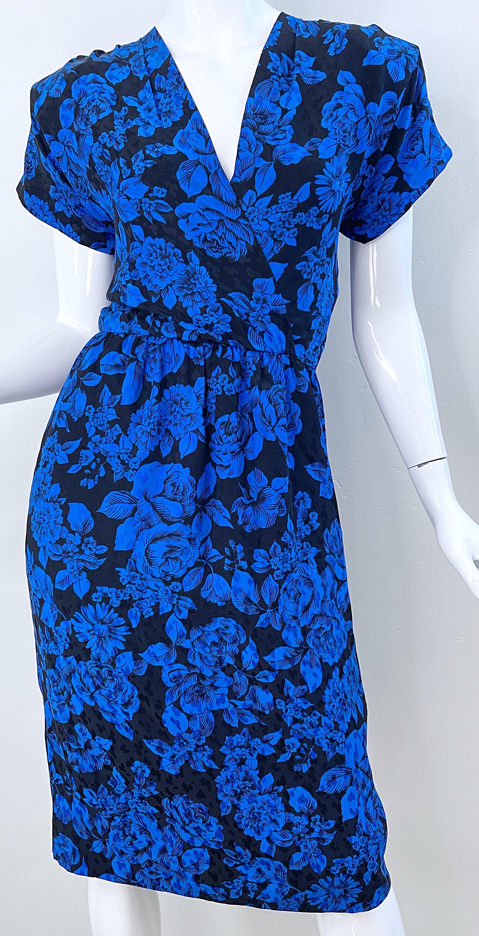 1980s Yves Saint Laurent Blue Black Floral Print Vintage 80s Silk Dress Size 42  For Sale 6