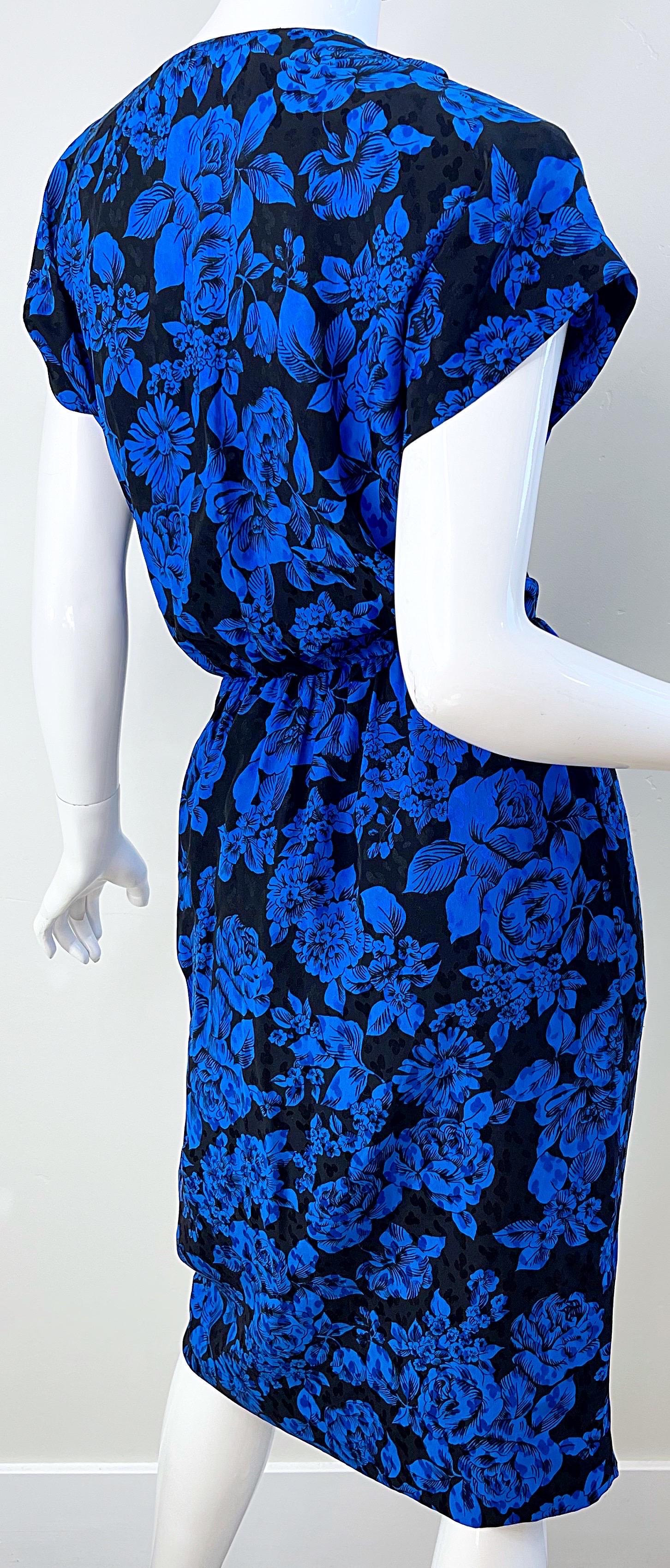 1980s Yves Saint Laurent Blue Black Floral Print Vintage 80s Silk Dress Size 42  For Sale 7