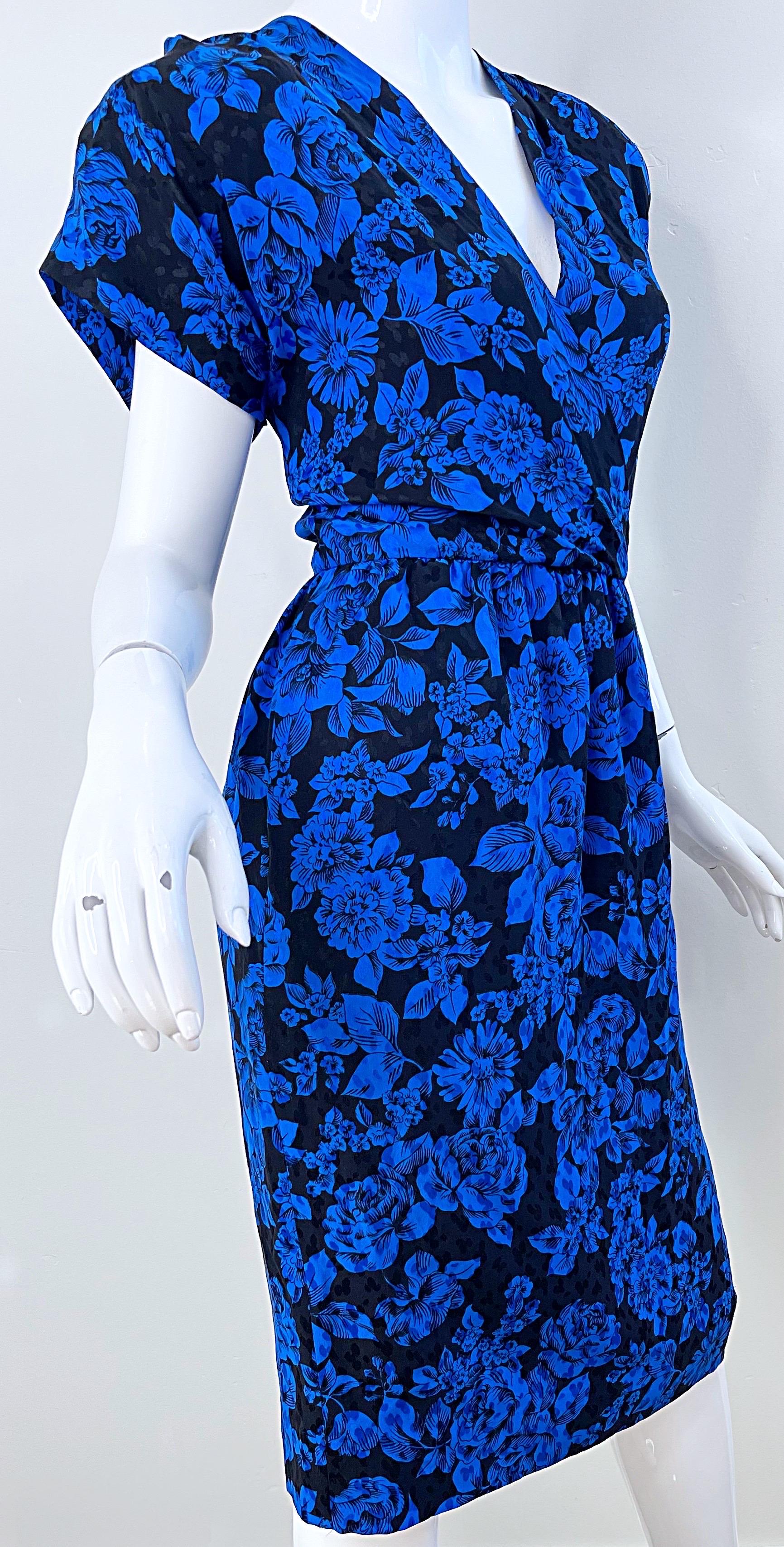 1980s Yves Saint Laurent Blue Black Floral Print Vintage 80s Silk Dress Size 42  For Sale 8