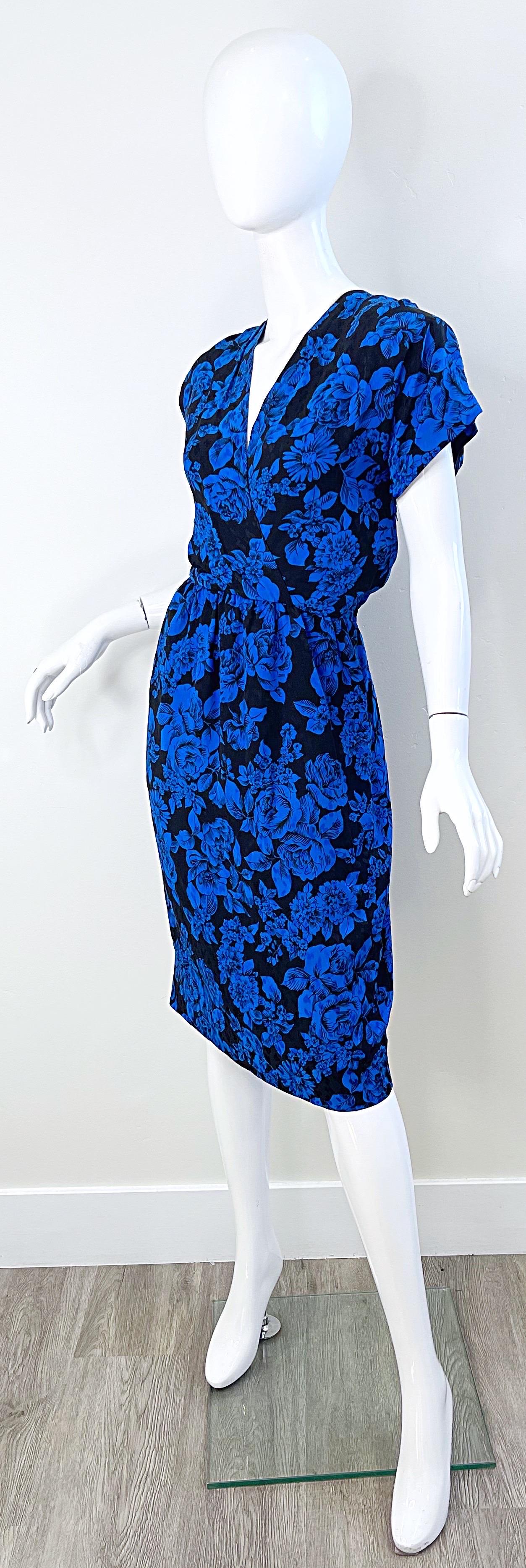 1980s Yves Saint Laurent Blue Black Floral Print Vintage 80s Silk Dress Size 42  For Sale 9