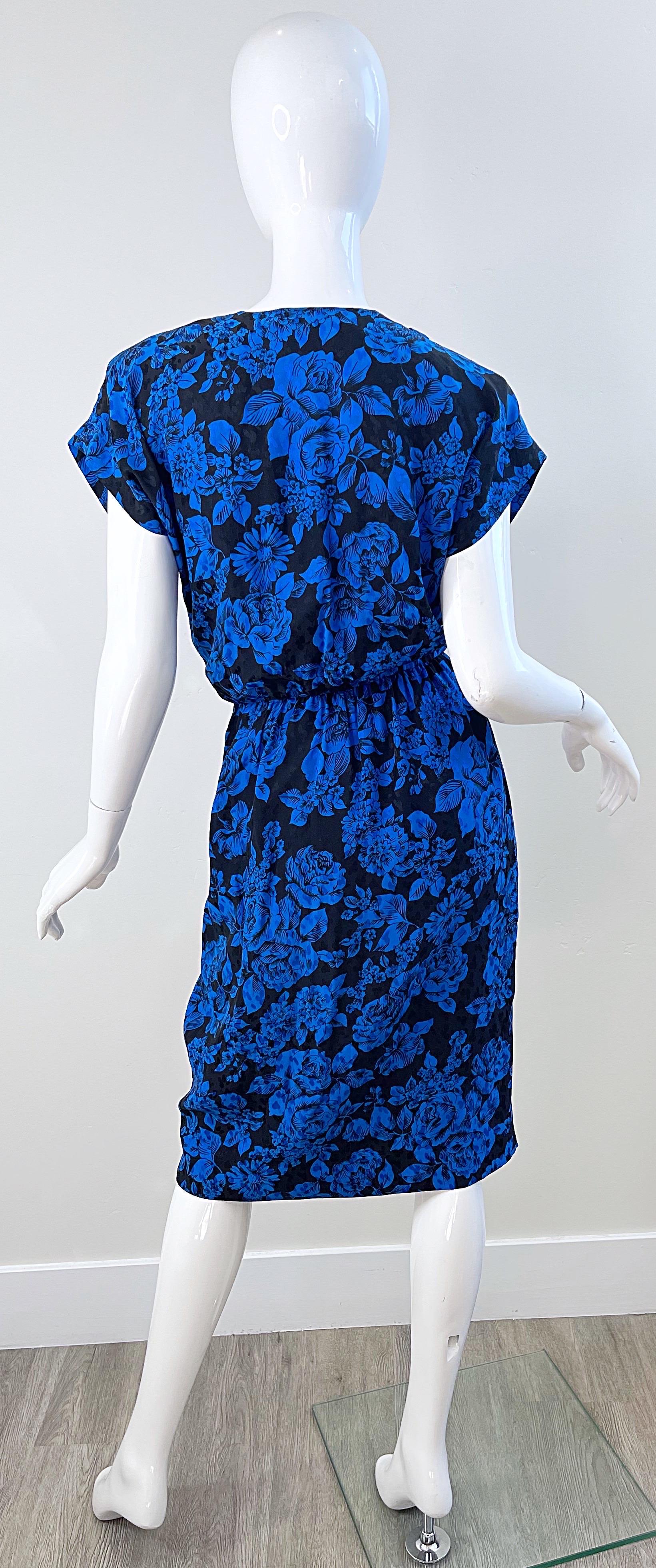 1980s Yves Saint Laurent Blue Black Floral Print Vintage 80s Silk Dress Size 42  For Sale 10