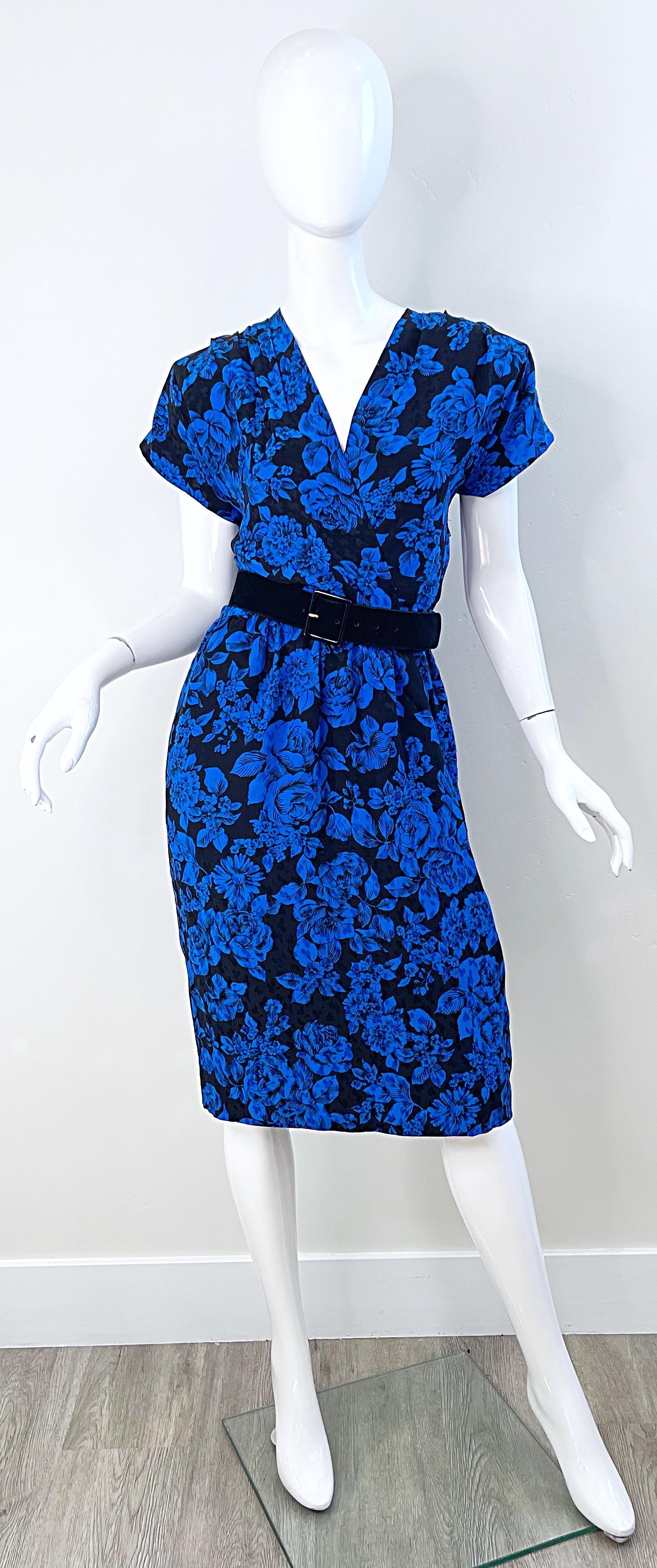 1980s Yves Saint Laurent Blue Black Floral Print Vintage 80s Silk Dress Size 42  For Sale 11