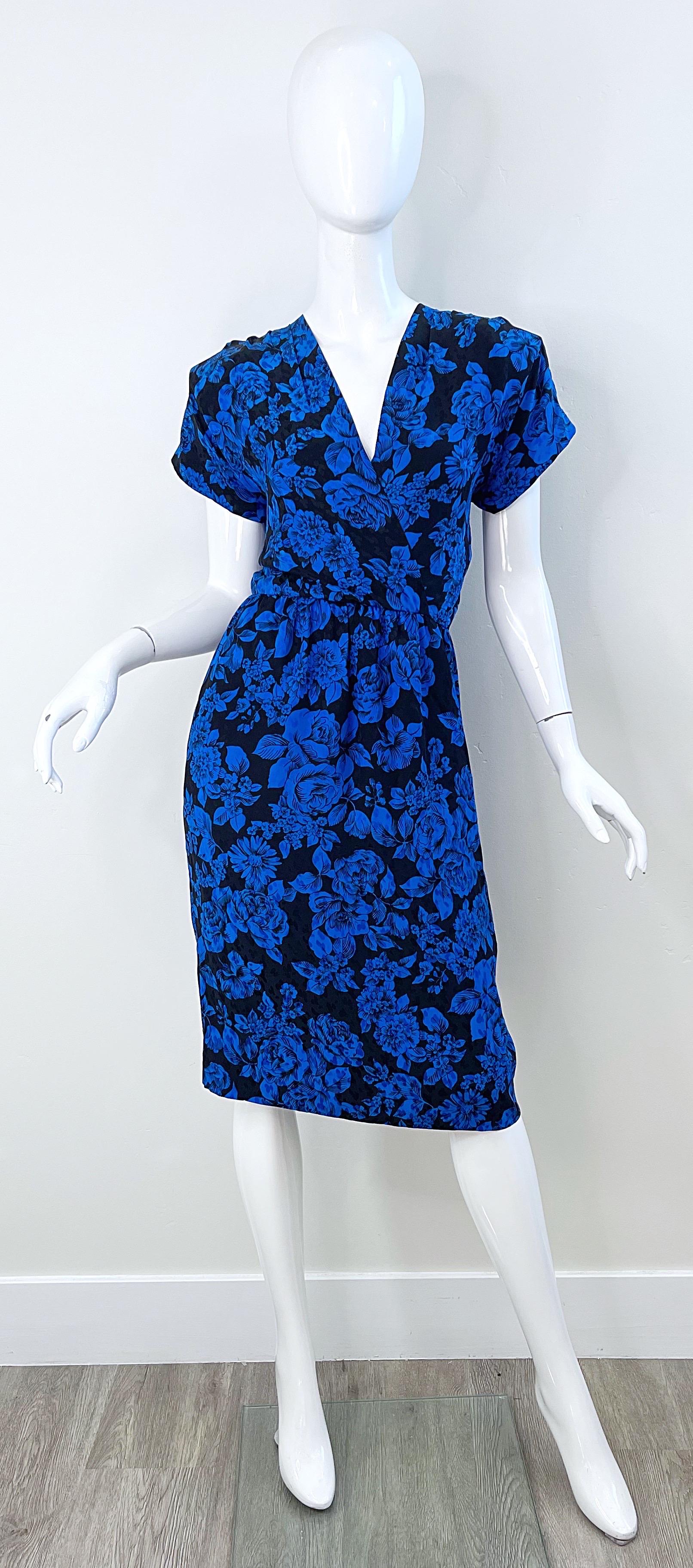 1980s Yves Saint Laurent Blue Black Floral Print Vintage 80s Silk Dress Size 42  For Sale 12