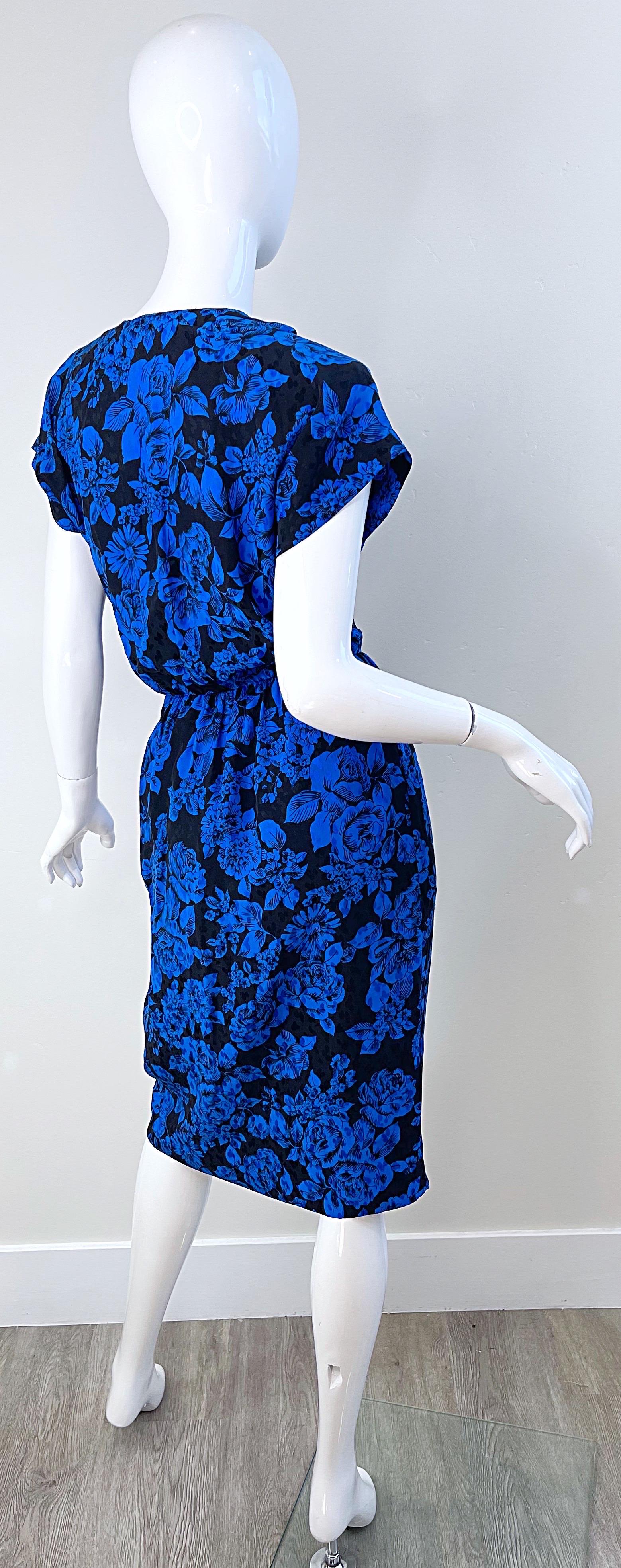 1980s Yves Saint Laurent Blue Black Floral Print Vintage 80s Silk Dress Size 42  In Excellent Condition For Sale In San Diego, CA