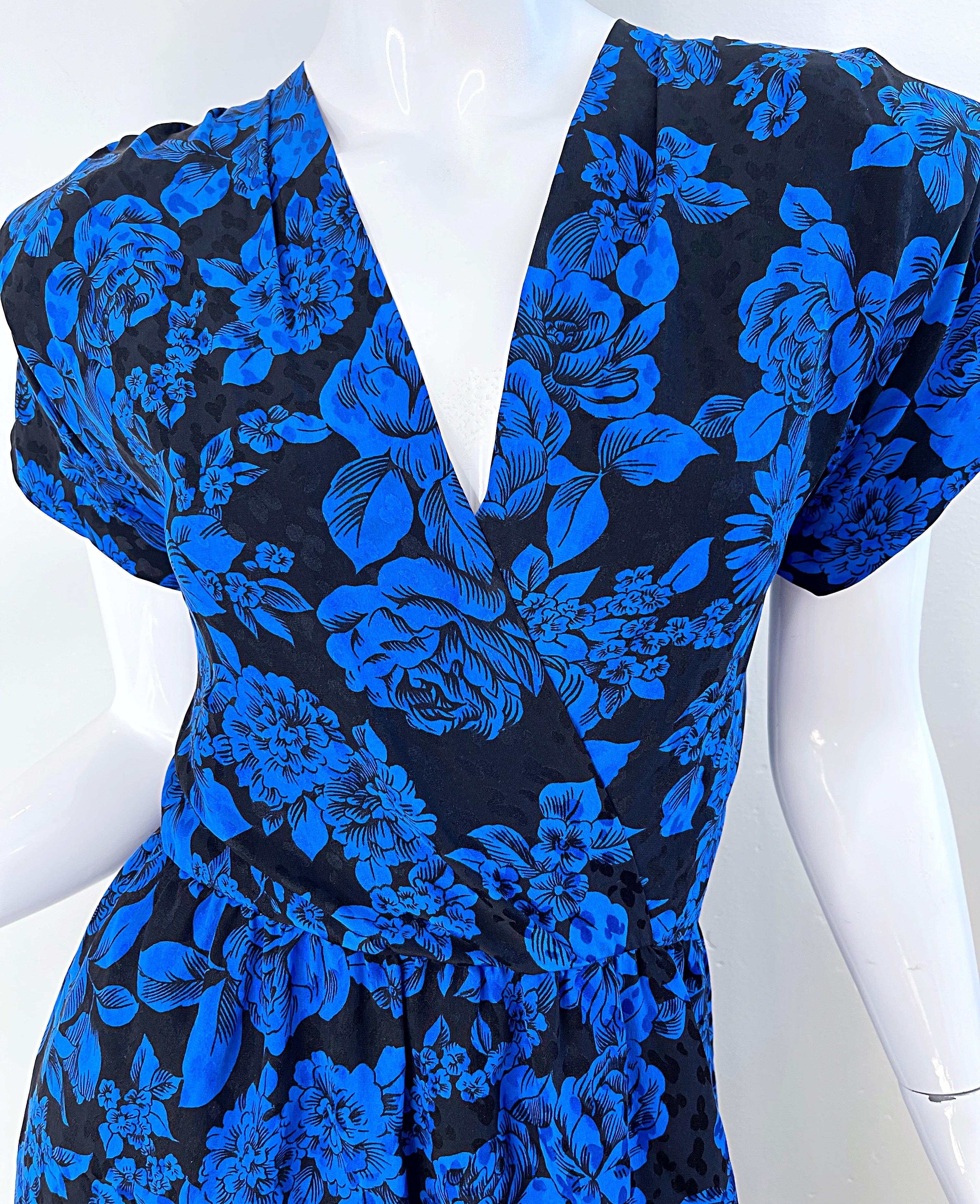 Women's 1980s Yves Saint Laurent Blue Black Floral Print Vintage 80s Silk Dress Size 42  For Sale