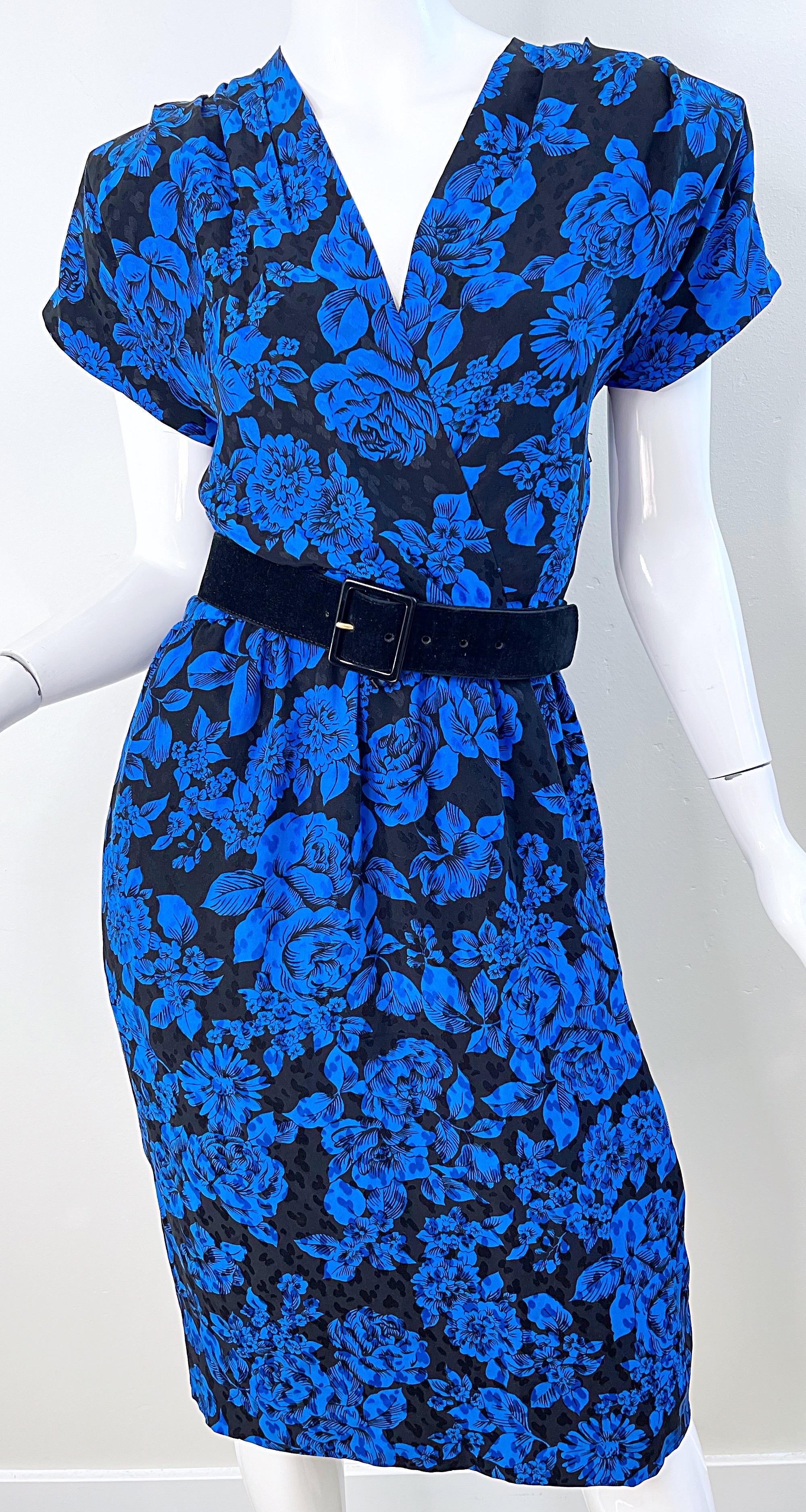 1980s Yves Saint Laurent Blue Black Floral Print Vintage 80s Silk Dress Size 42  For Sale 1