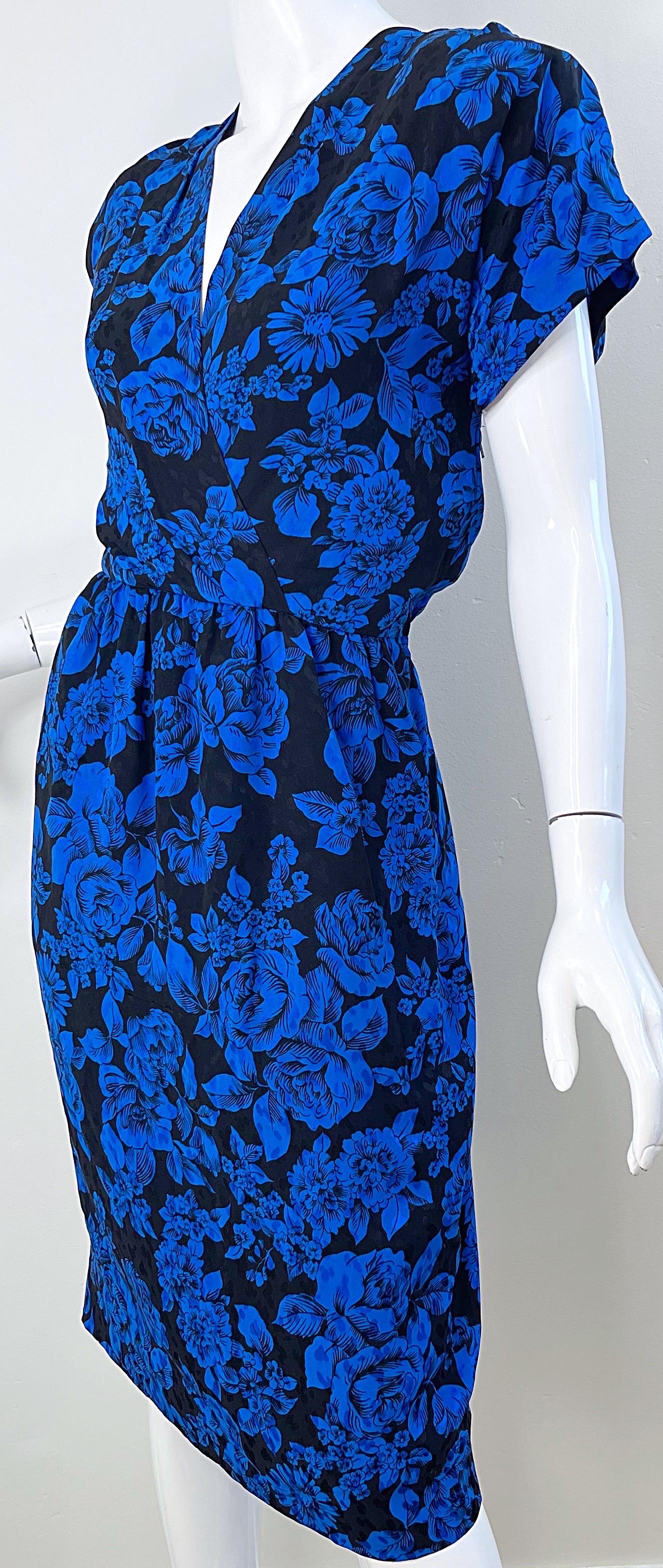 1980s Yves Saint Laurent Blue Black Floral Print Vintage 80s Silk Dress Size 42  For Sale 2