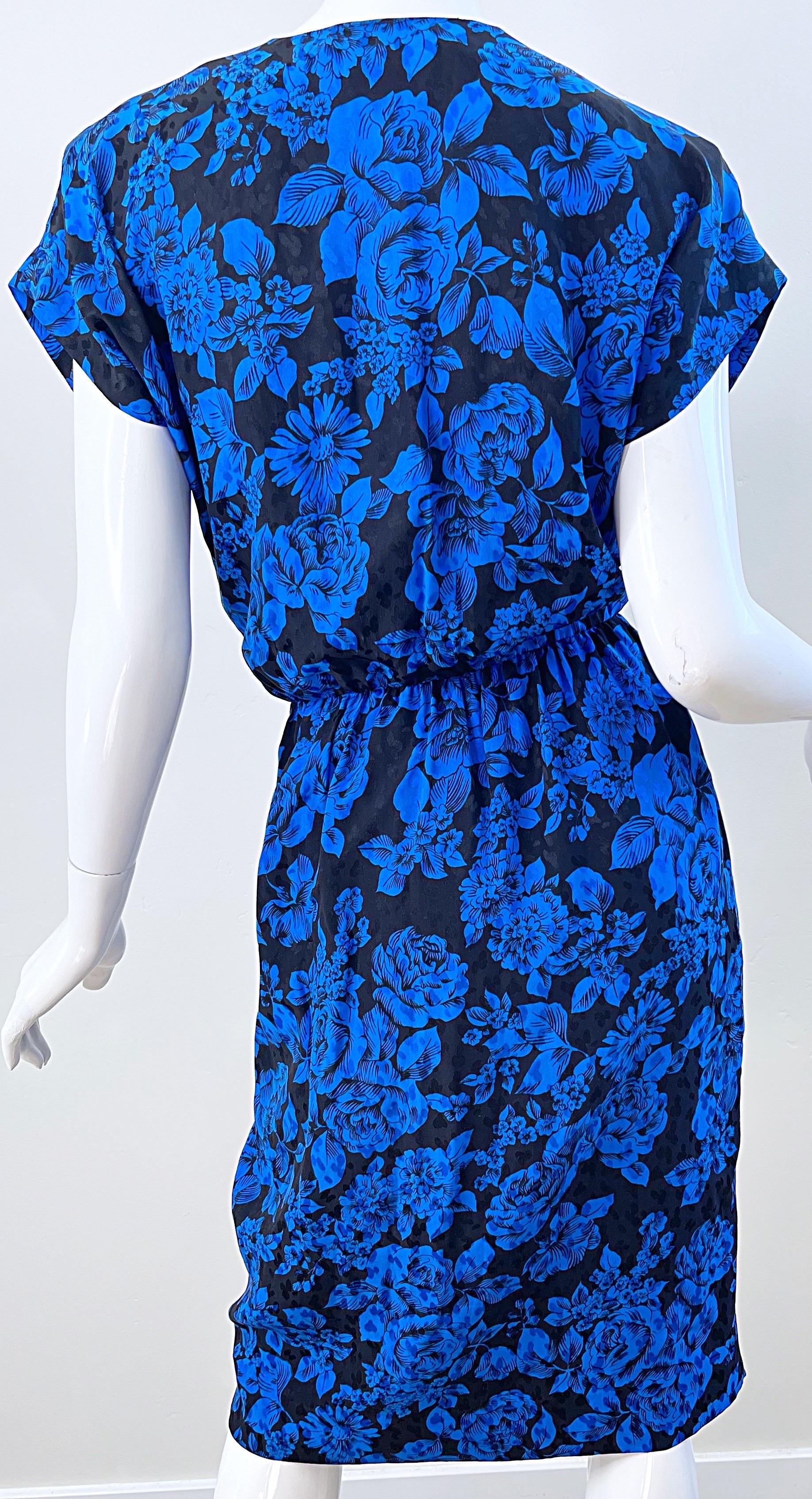 1980s Yves Saint Laurent Blue Black Floral Print Vintage 80s Silk Dress Size 42  For Sale 3