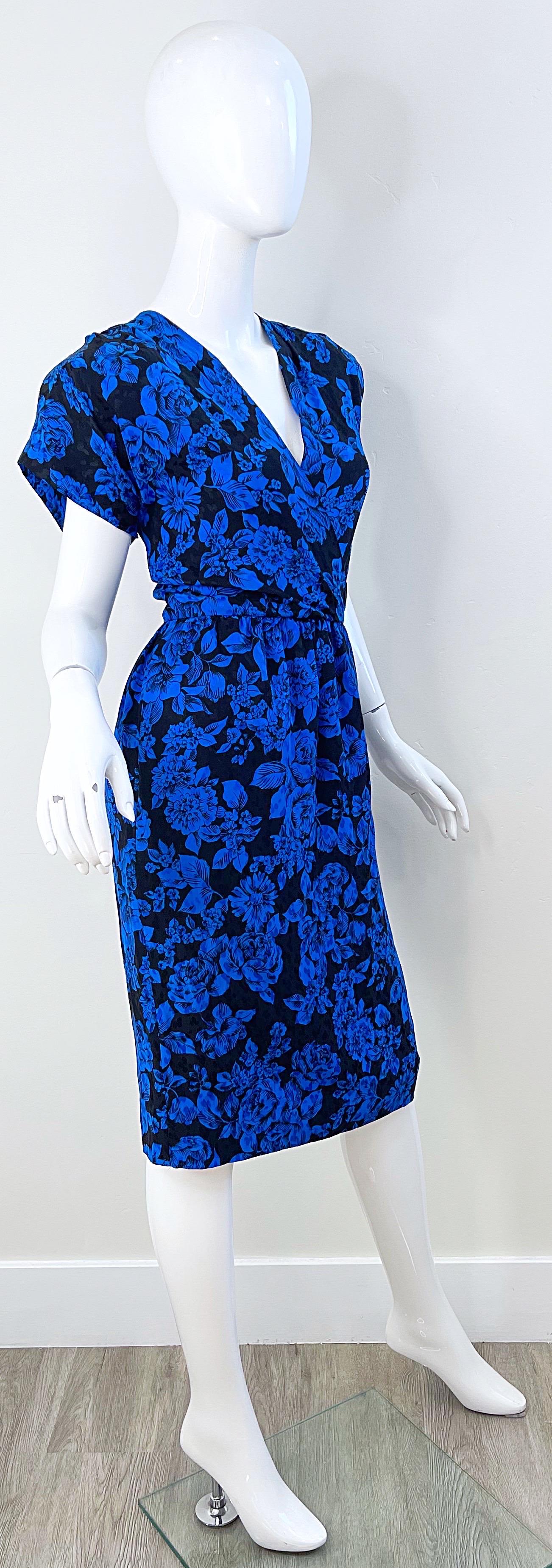 1980s Yves Saint Laurent Blue Black Floral Print Vintage 80s Silk Dress Size 42  For Sale 4