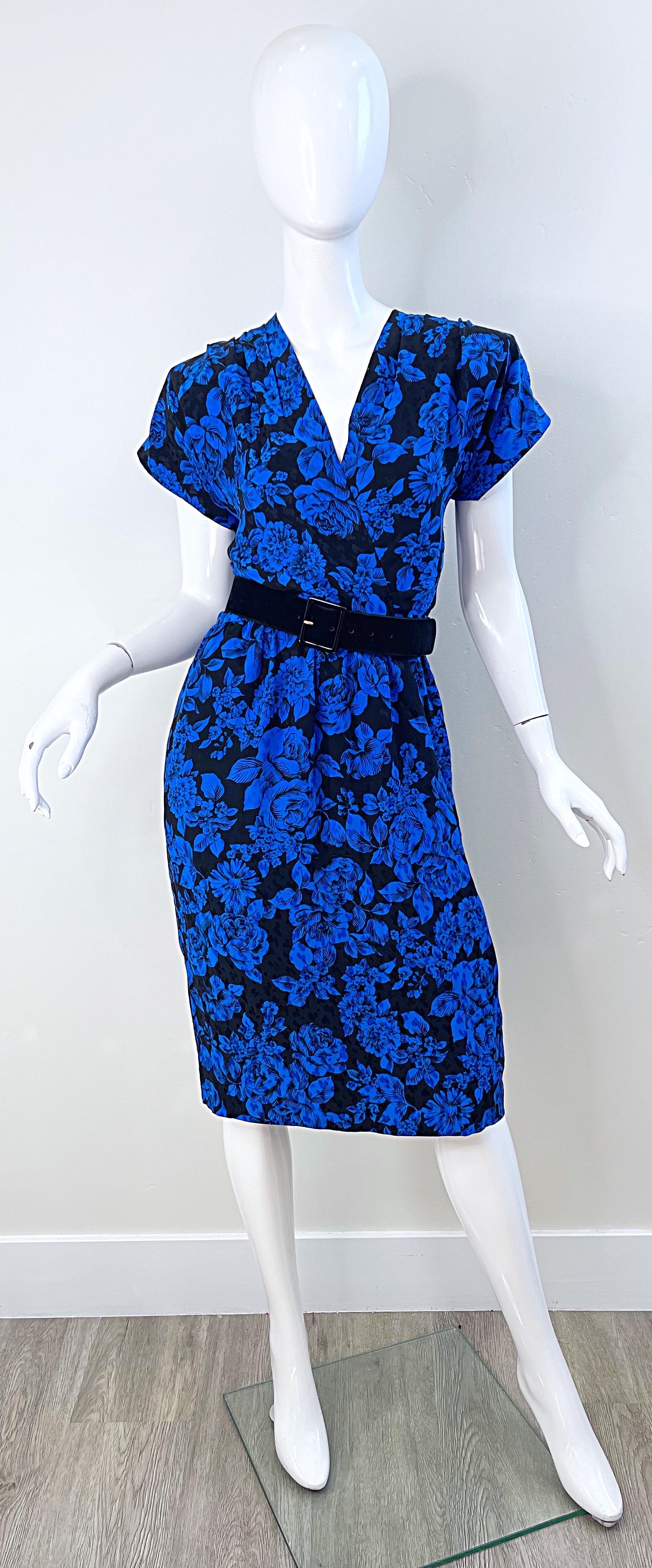 1980s Yves Saint Laurent Blue Black Floral Print Vintage 80s Silk Dress Size 42  For Sale 5