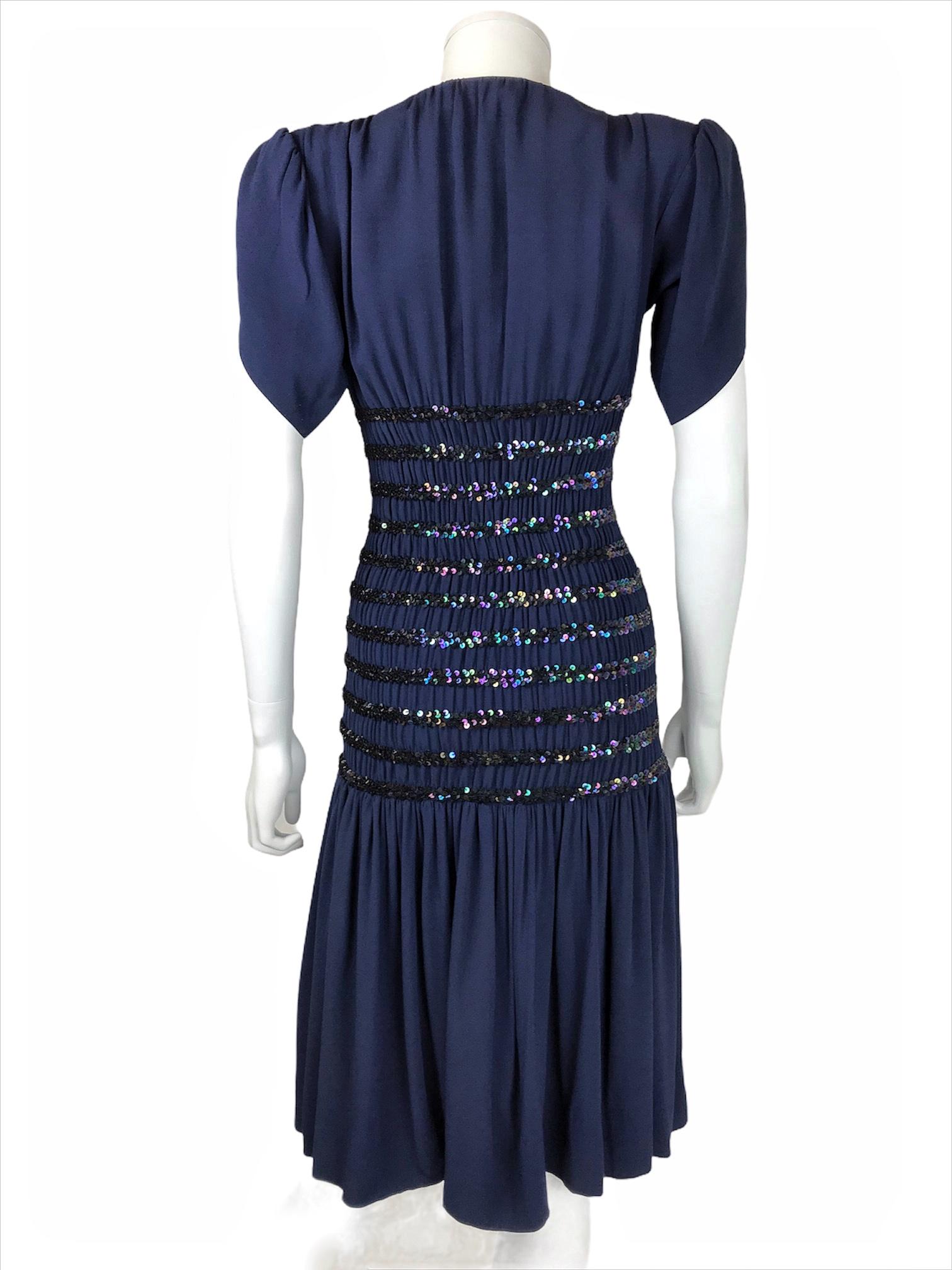 Black 1980's Yves Saint Laurent Blue Crepe and Sequins Waist Cocktail Gown Documented