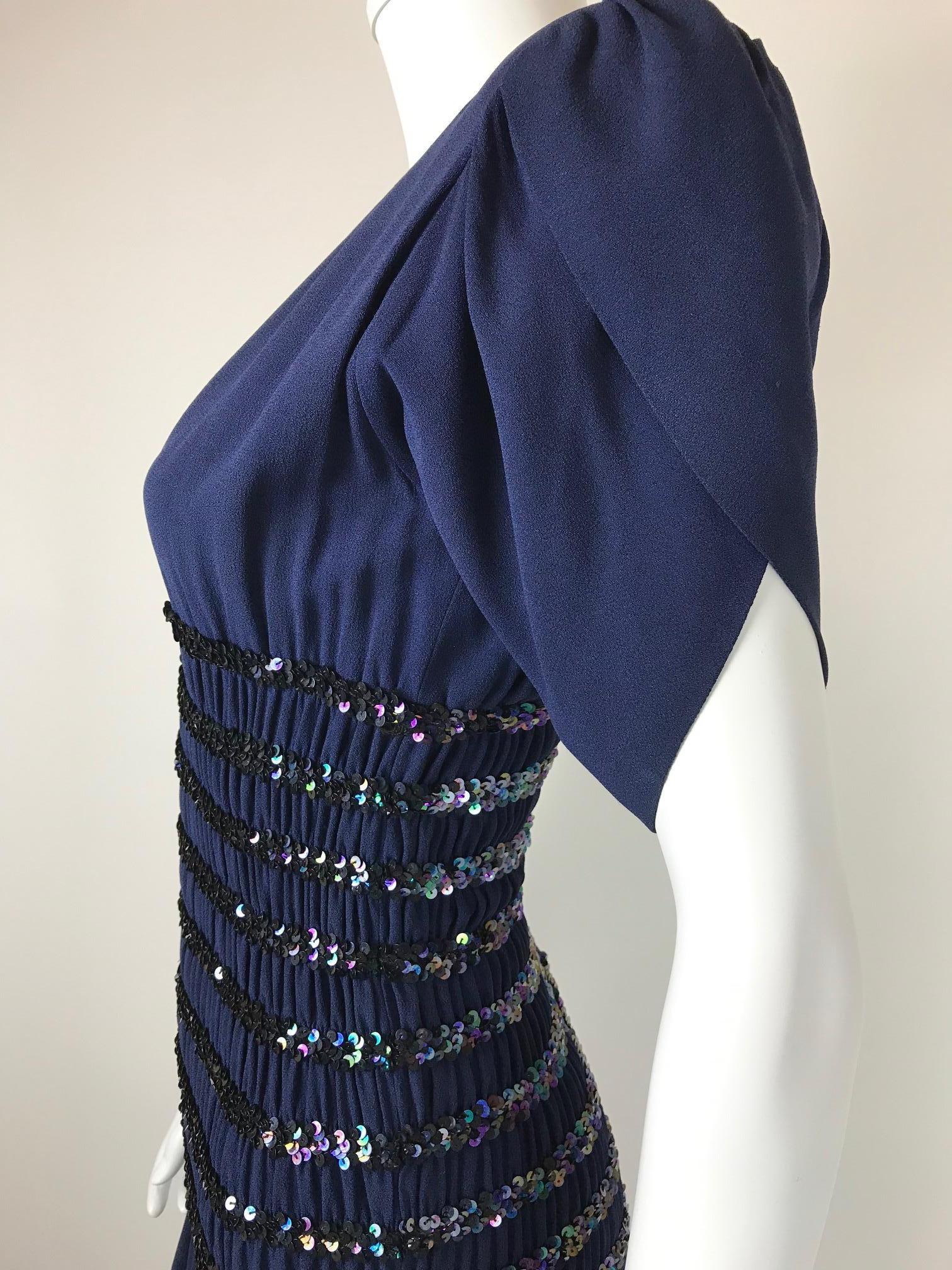 1980's Yves Saint Laurent Blue Crepe and Sequins Waist Cocktail Gown Documented In Good Condition In Paris, FR