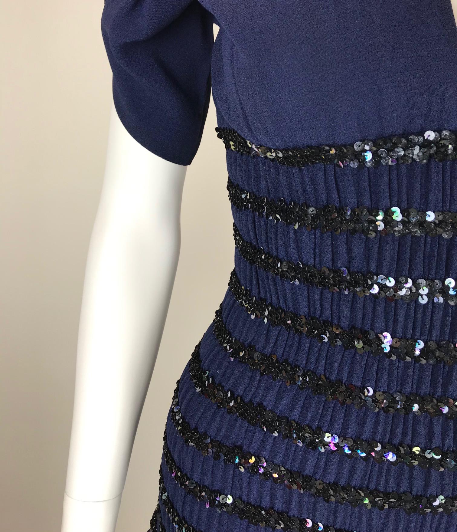 1980's Yves Saint Laurent Blue Crepe and Sequins Waist Cocktail Gown Documented 1