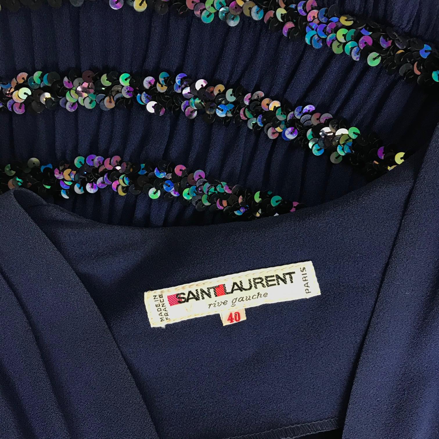 1980's Yves Saint Laurent Blue Crepe and Sequins Waist Cocktail Gown Documented 2