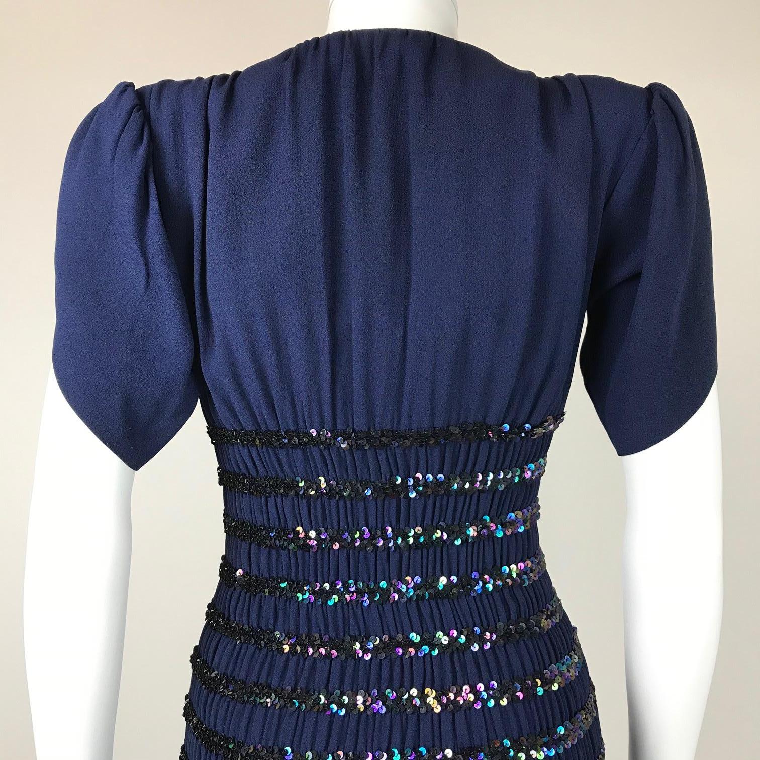 1980's Yves Saint Laurent Blue Crepe and Sequins Waist Cocktail Gown Documented 3