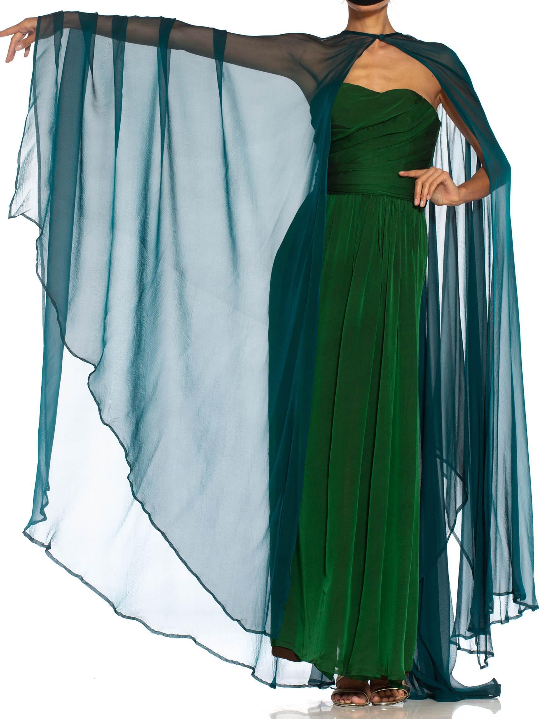 1980S YVES SAINT LAURENT Blue & Green Haute Couture Silk Chiffon Strapless Gown For Sale 3