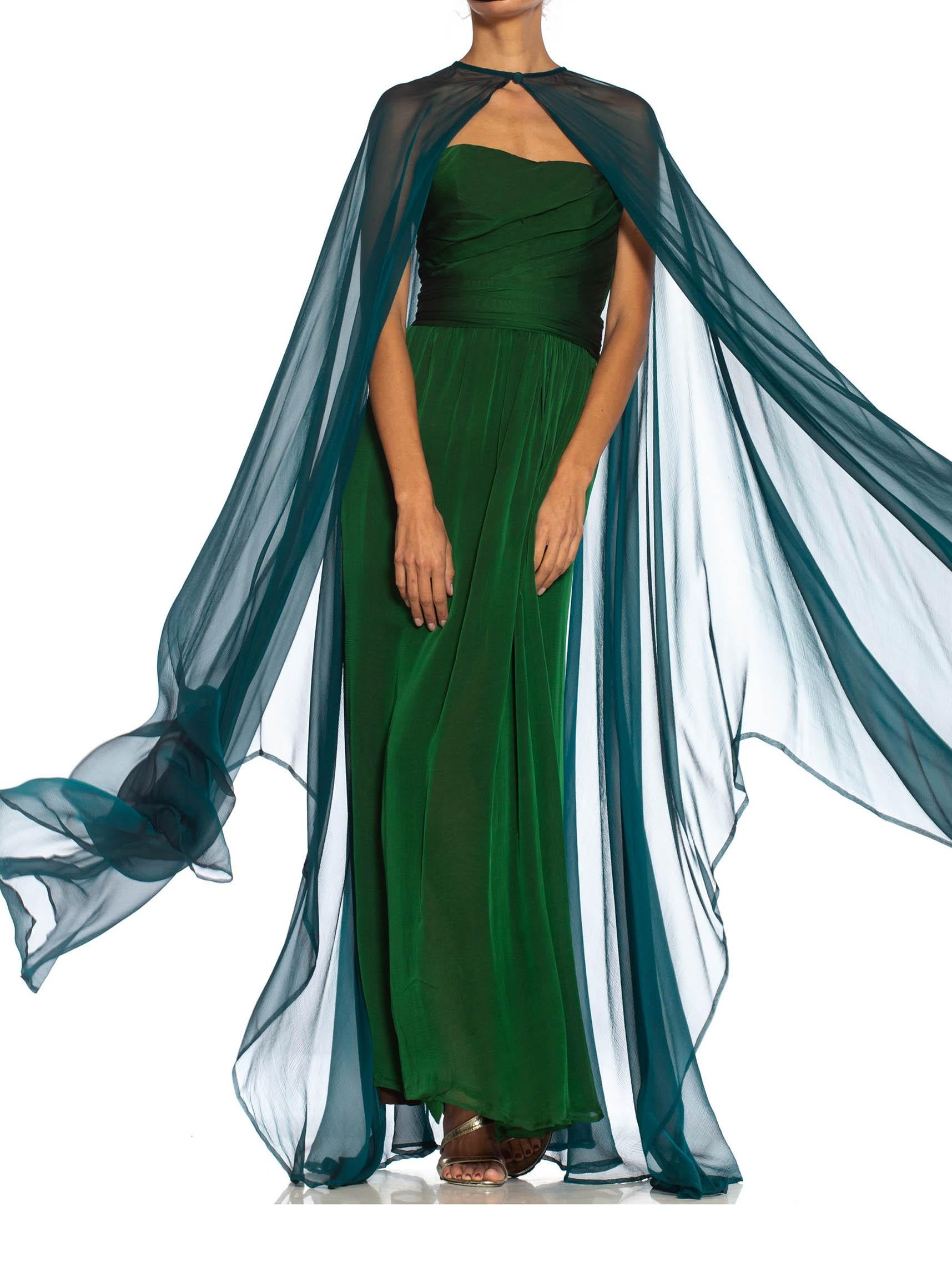 1980S YVES SAINT LAURENT Blue & Green Haute Couture Silk Chiffon Strapless Gown In Good Condition For Sale In New York, NY