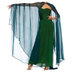 1980S YVES SAINT LAURENT Blue & Green Haute Couture Silk Chiffon Strapless Gown
