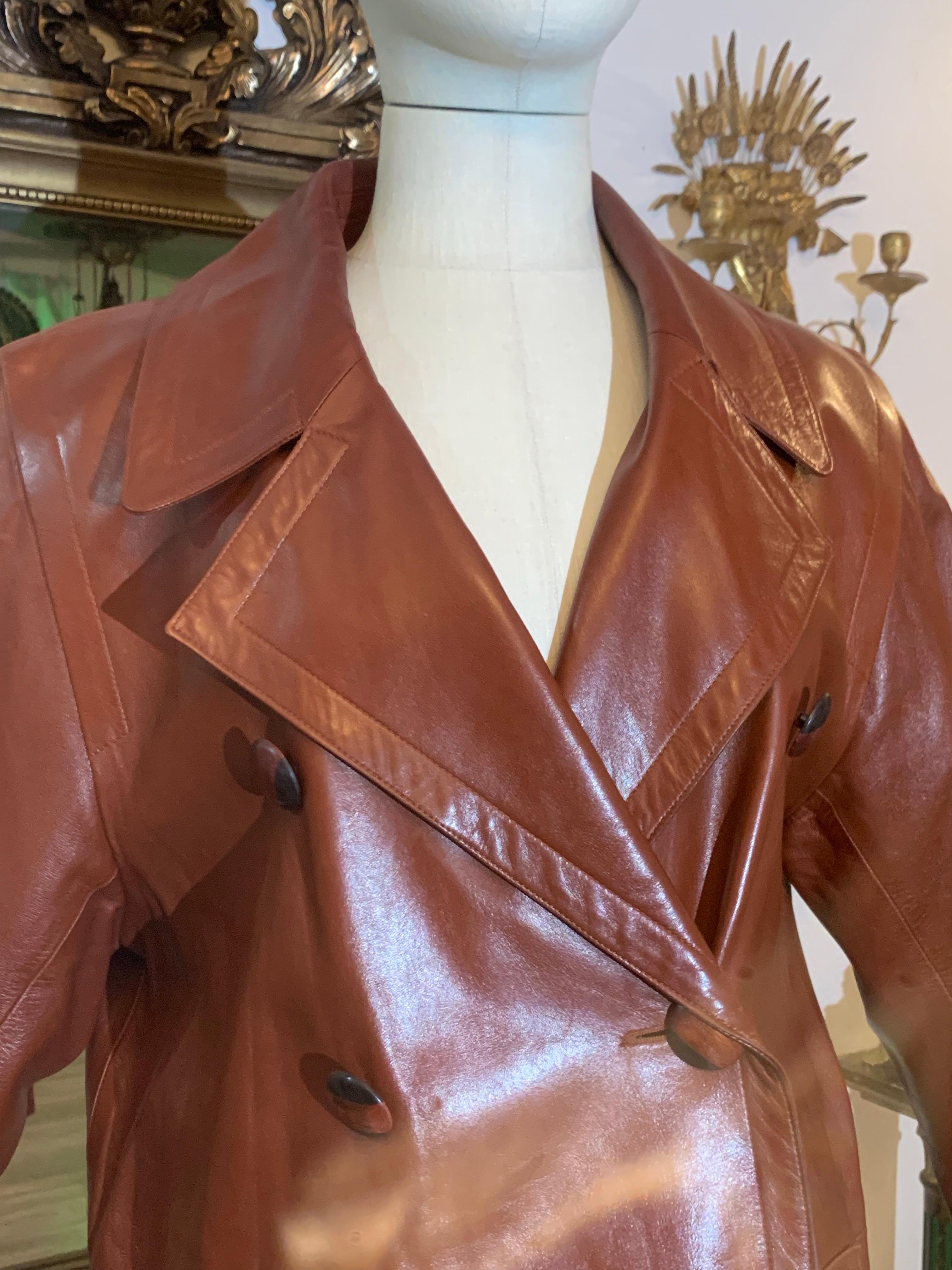 1980s Yves Saint Laurent Cognac Lambskin Leather Double-Breasted Trench Coat For Sale 5