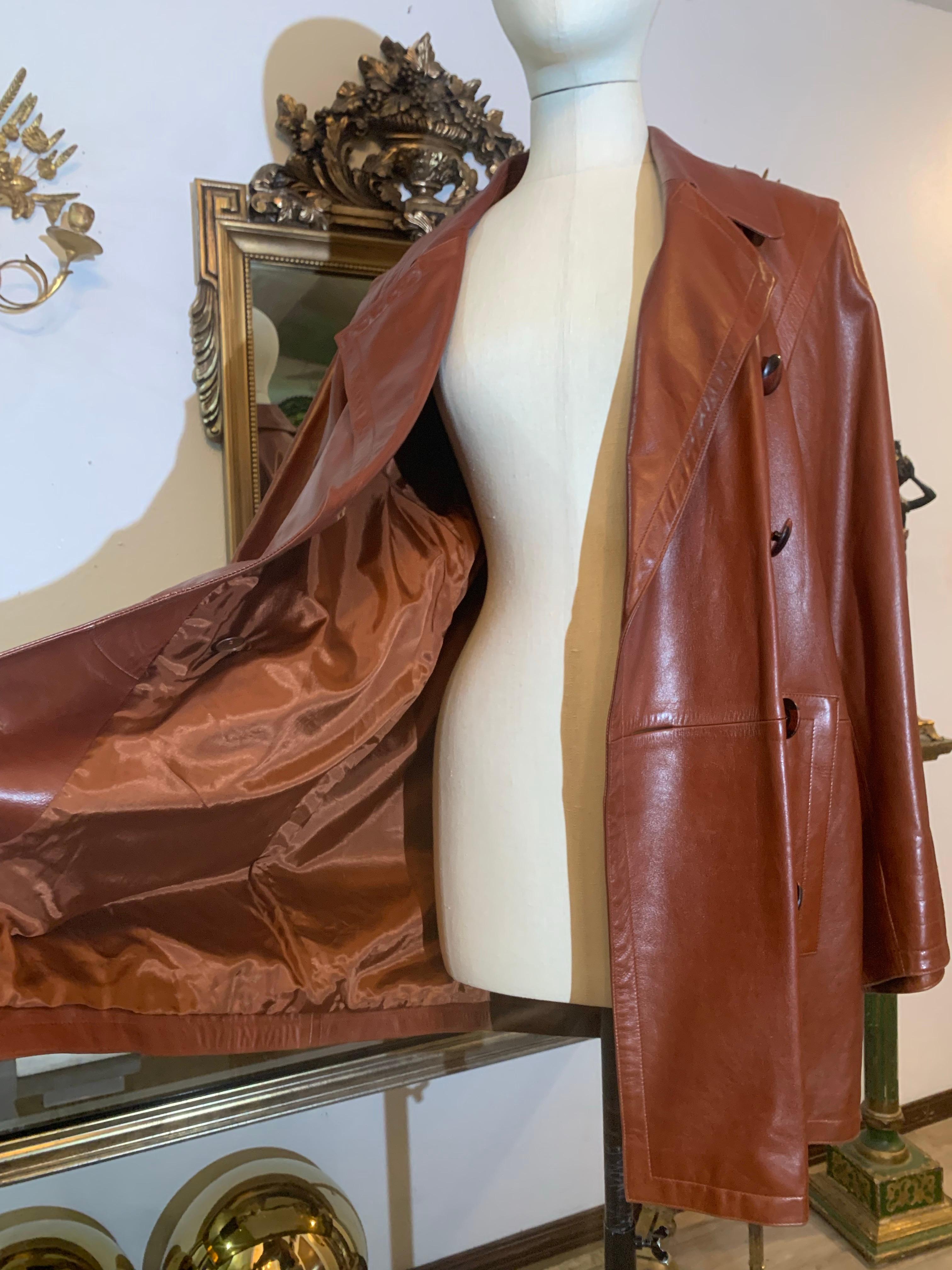 1980s Yves Saint Laurent Cognac Lambskin Leather Double-Breasted Trench Coat For Sale 7