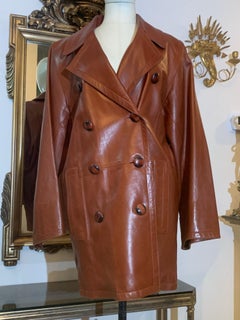 1980s Yves Saint Laurent Cognac Lambskin Leather Double-Breasted Trench Coat