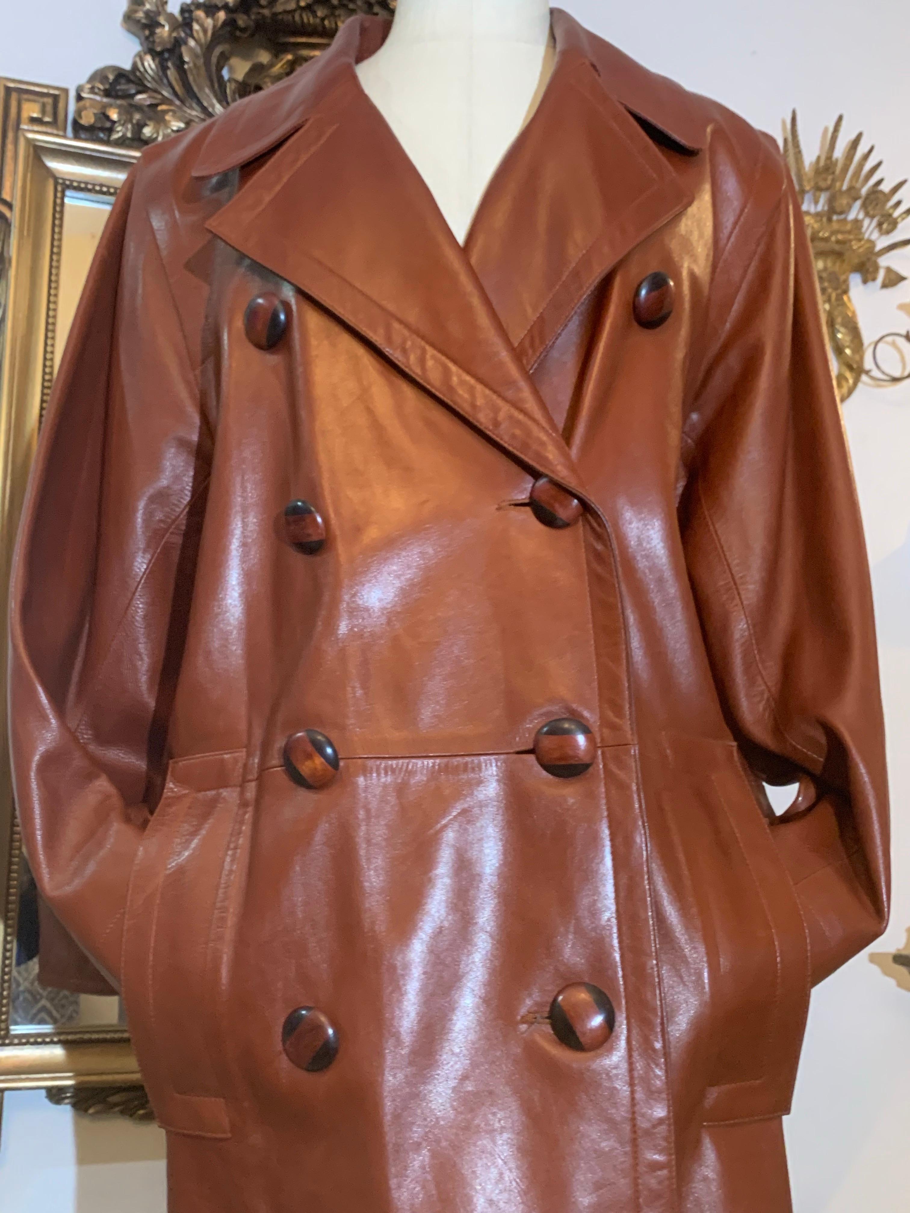 Brown 1980s Yves Saint Laurent Cognac Lambskin Leather Double-Breasted Trench Coat For Sale